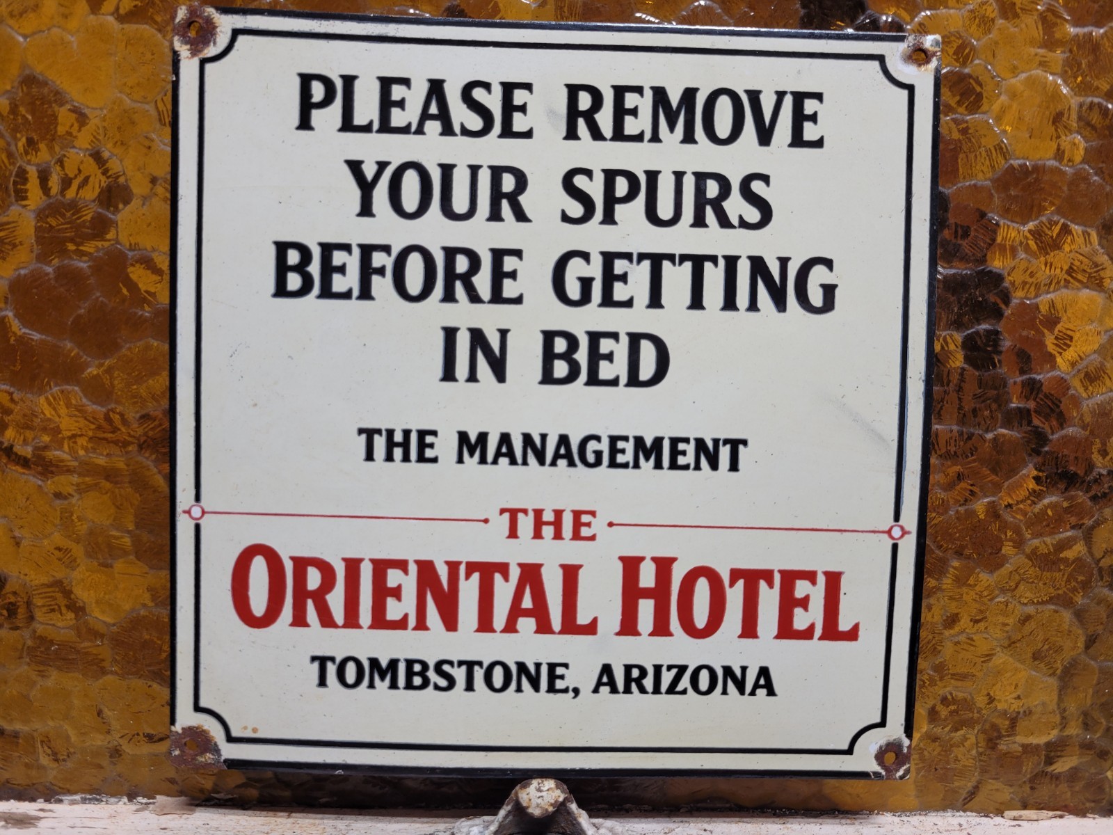 VINTAGE COWBOY PORCELAIN SIGN RARE OLD WESTERN ORIENTAL HOTEL BOOT SPURS ARIZONA