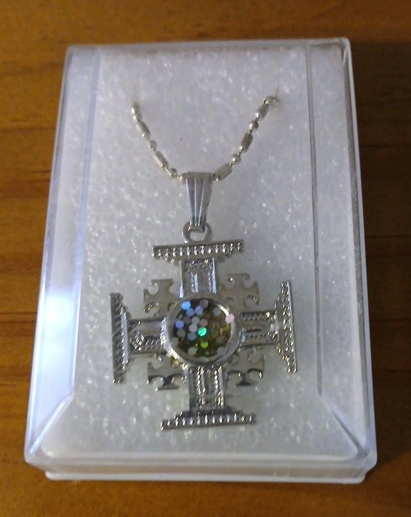 Jerusalem Cross w/ Sparkling Center Silvertone  1