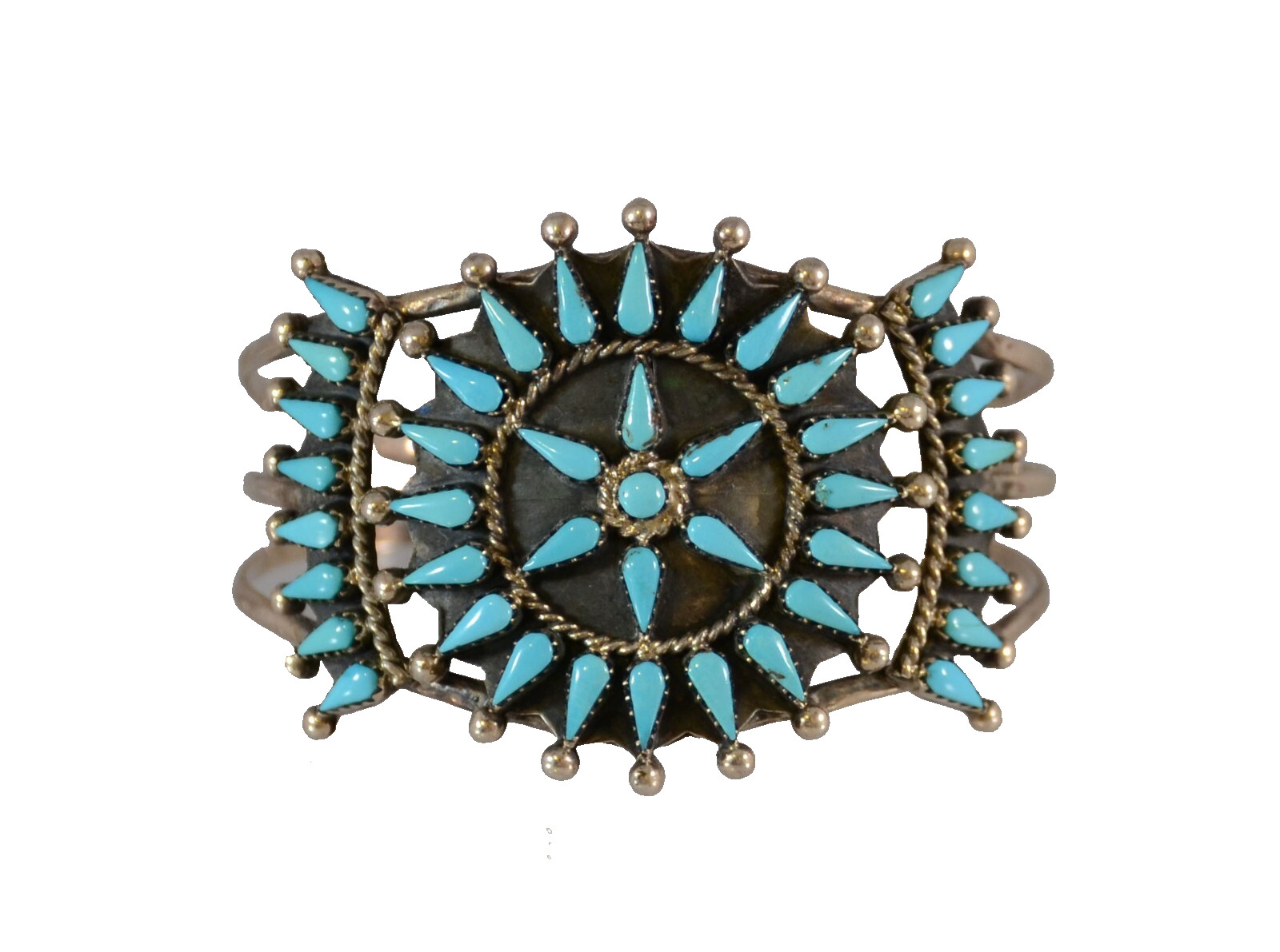 Navajo Turquoise  Cluster Star Cuff Bracelet Artist Mark By Benson Yazzie