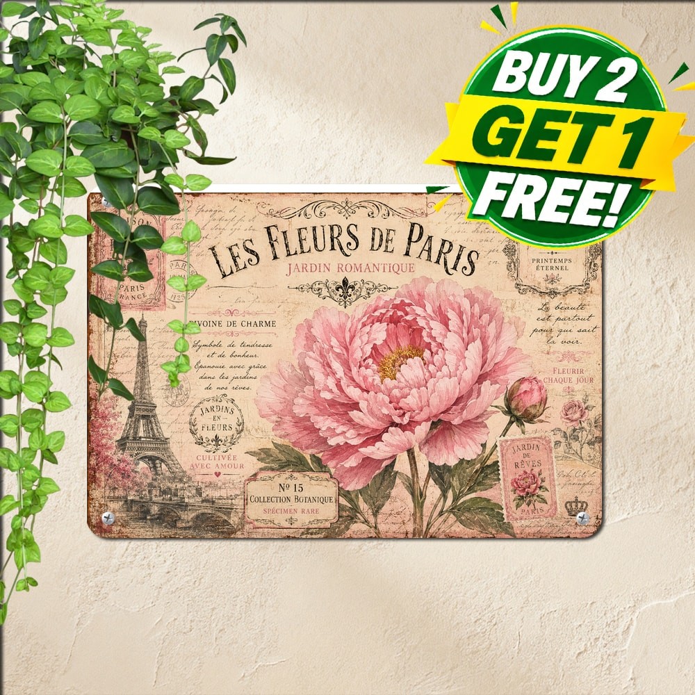 French Paris Floral Rose Flower Market Shabby Chic Metal Sign