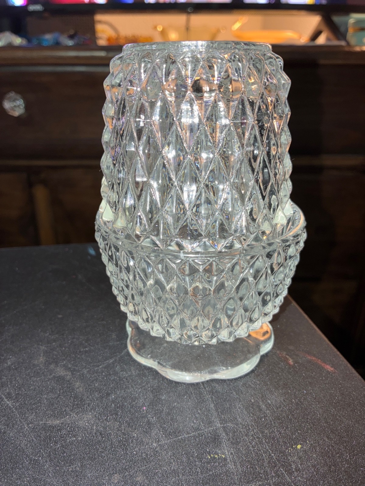 Vintage Indiana Glass Fairy Lamp Lite Clear Diamond Point Candle Holder 2pc Set