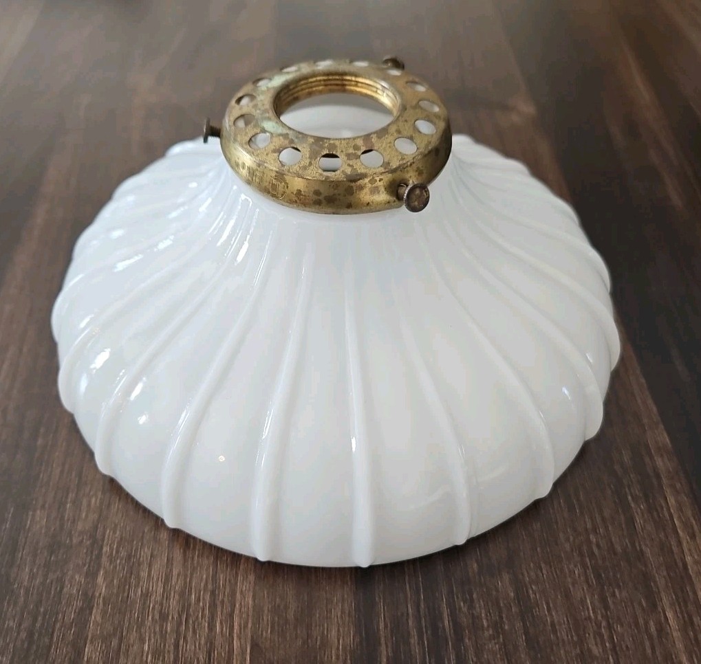 Industrial Clam Broth Glass Lamp Shade 7.25” 1.25” Threaded Fitter Antique Vtg