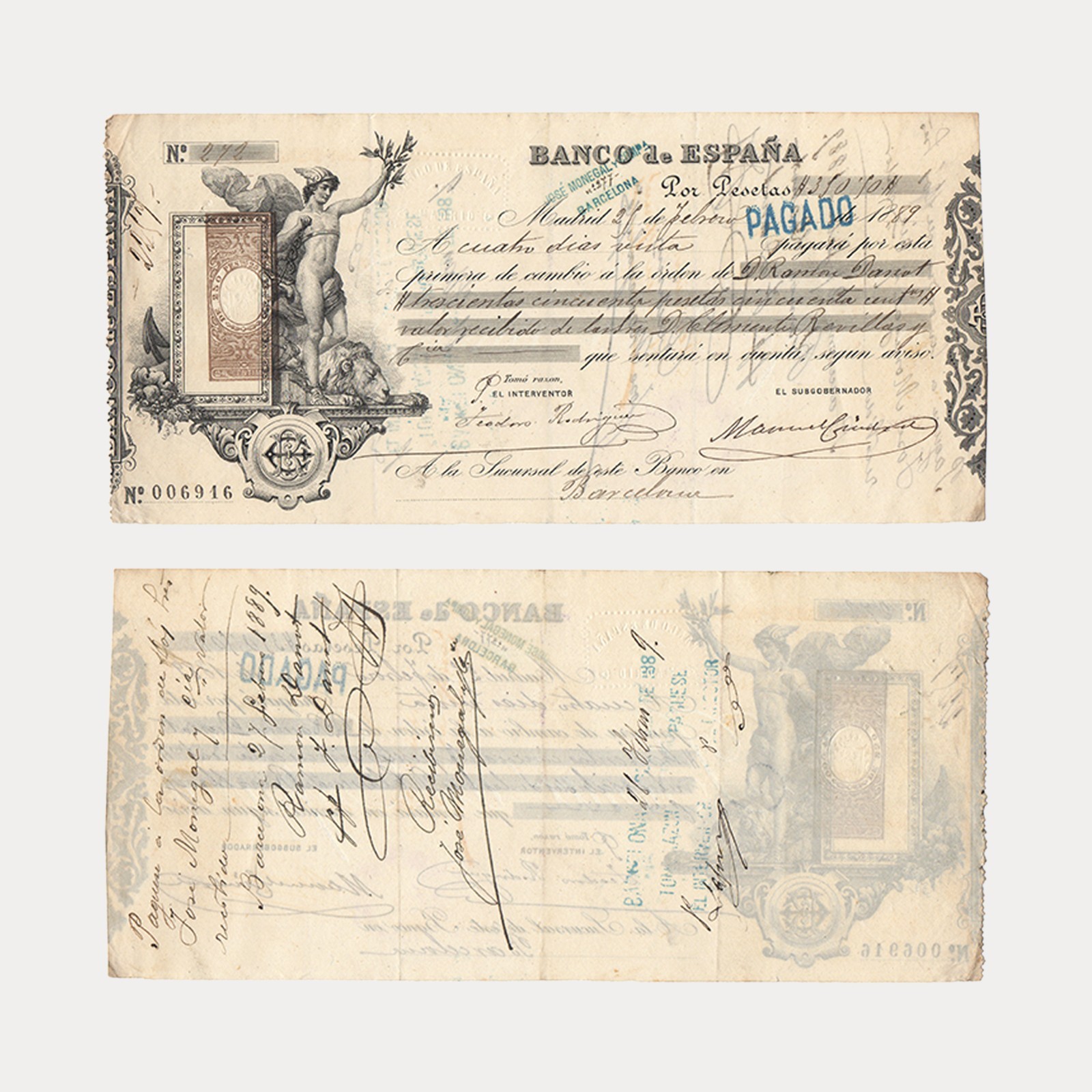 1889 Bank of Spain - Madrid, Barcelona Bill of Exchange Ephemera Document