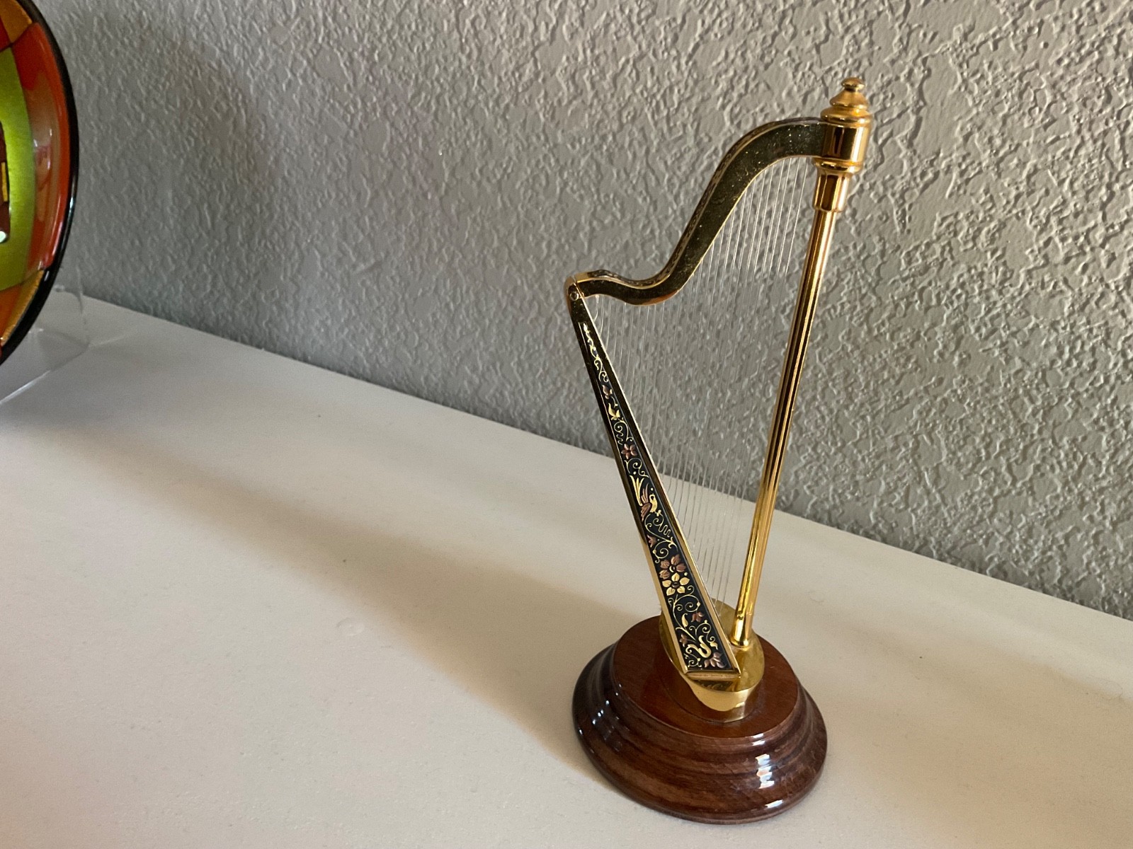 Elegant Gold-Tone Decorative Harp Figurine on Wooden Base - Ornate Design
