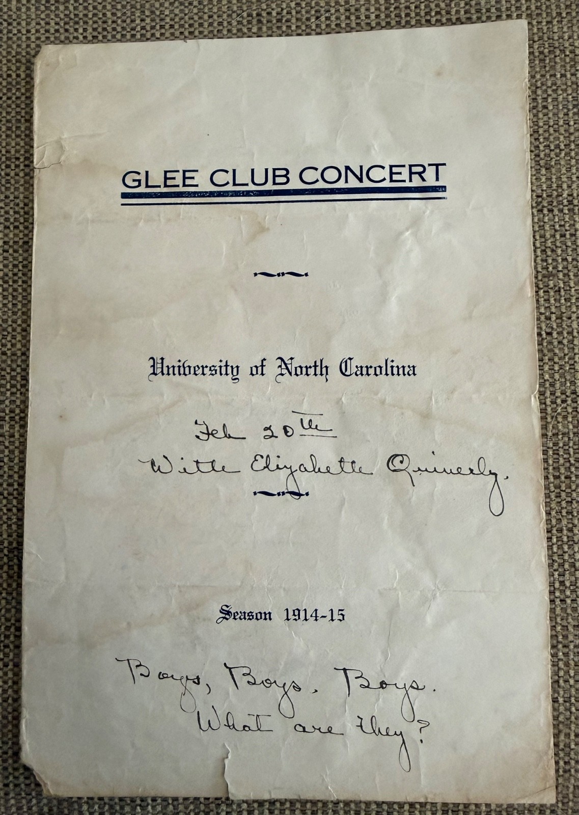 ANTIQUE 1914-15 UNC GLEE CLUB CONCERT PROGRAM DATED FEBRUARY 20 PERSONALIZED