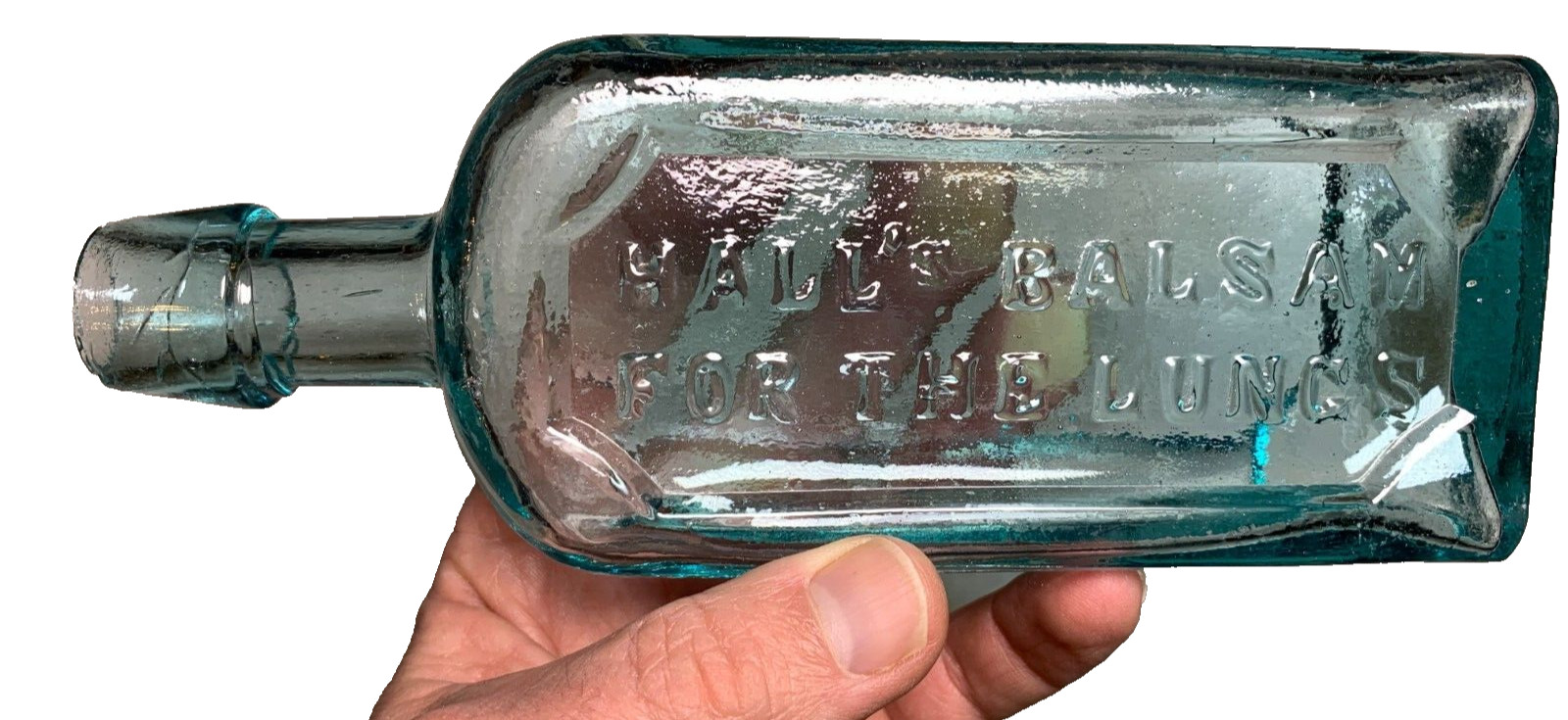 Antique Applied Top Halls Hall\'s Balsam FOR THE LUNGS 1860s QuackMedicine Bottle