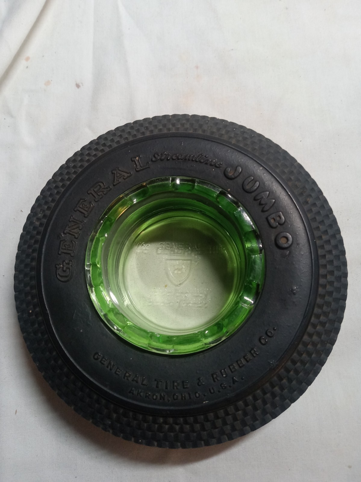 1930s General Tire Streamline Jumbo Tire Ashtray Uranium Green Glass Akron Ohio