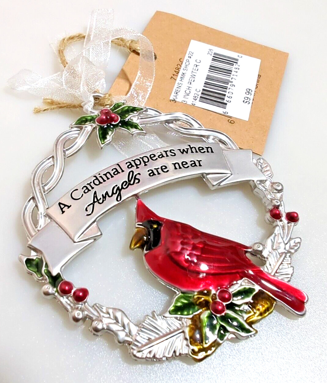 Pewter Cardinal Bird Angels are Near Metal Christmas Ornament Wreath 3