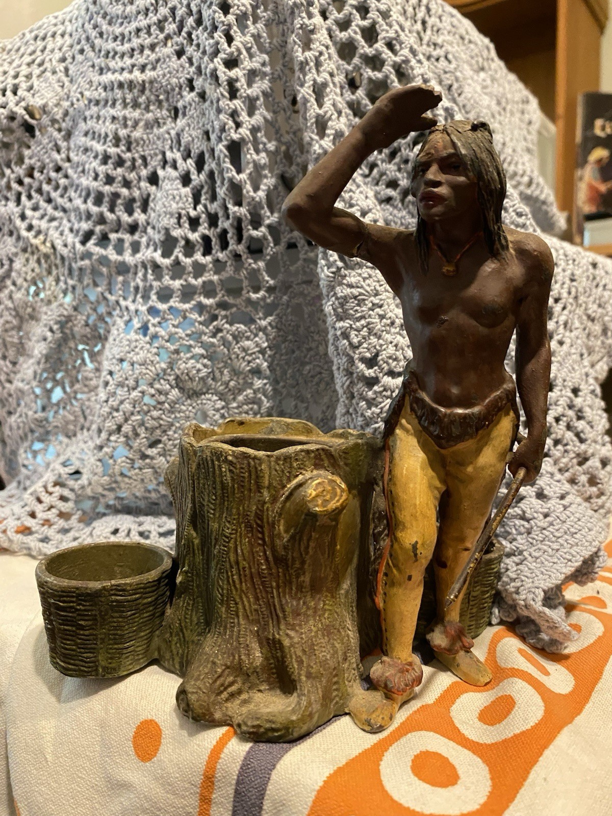 1904 ST. Louis Worlds Fair native American Statue next to a Stump