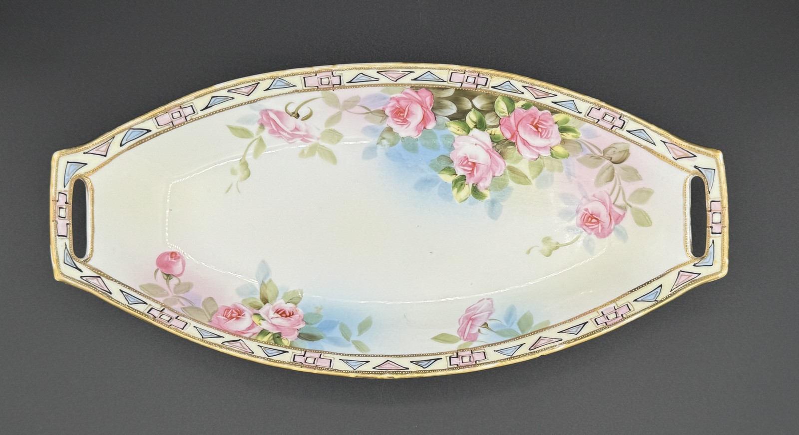 Rare Nippon Hand Painted Trinket Dish Pink Roses Gold Trim Japan Antique