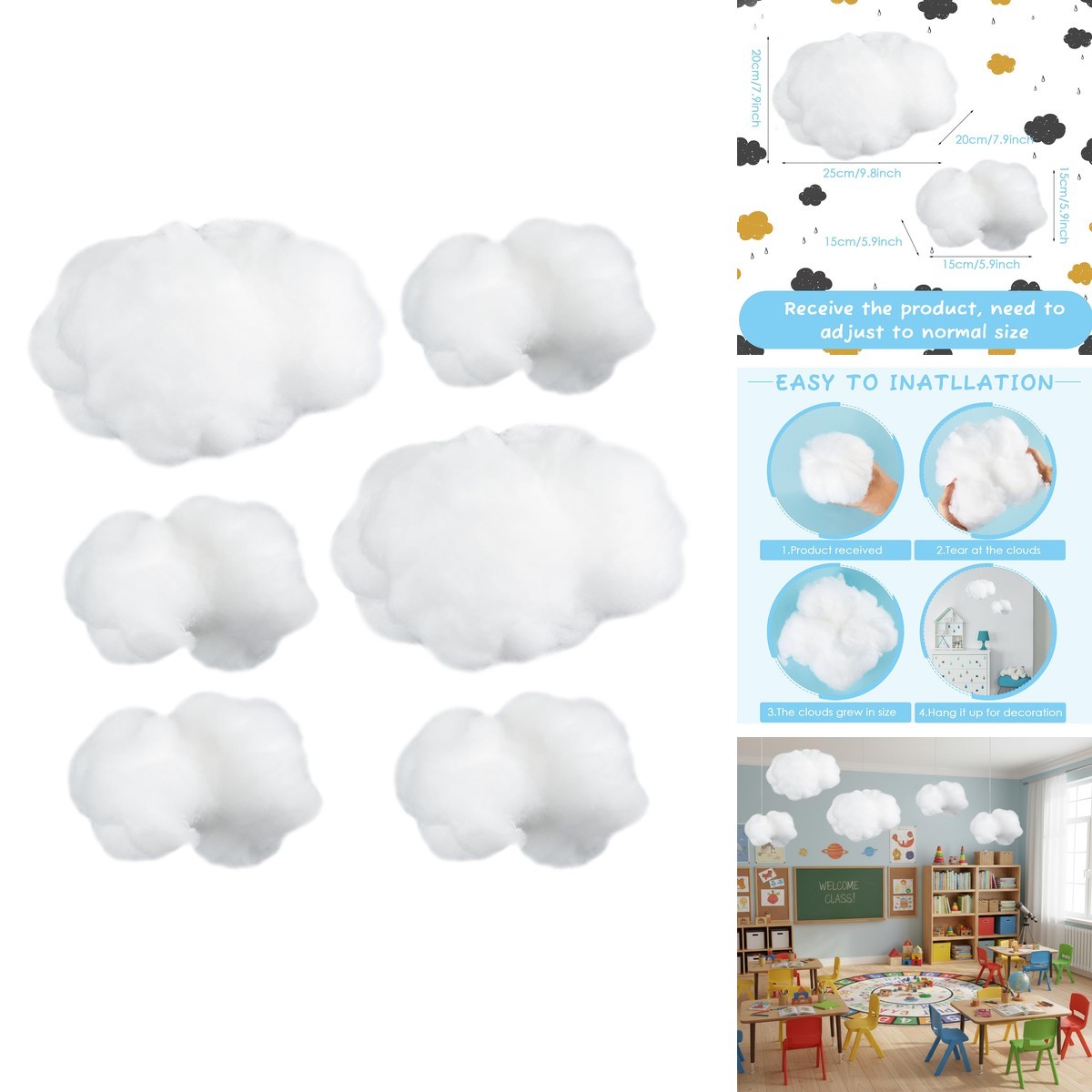 Jetec 6 Pieces Artificial 3D Cloud Shape Hanging Decor White Small Medium Size