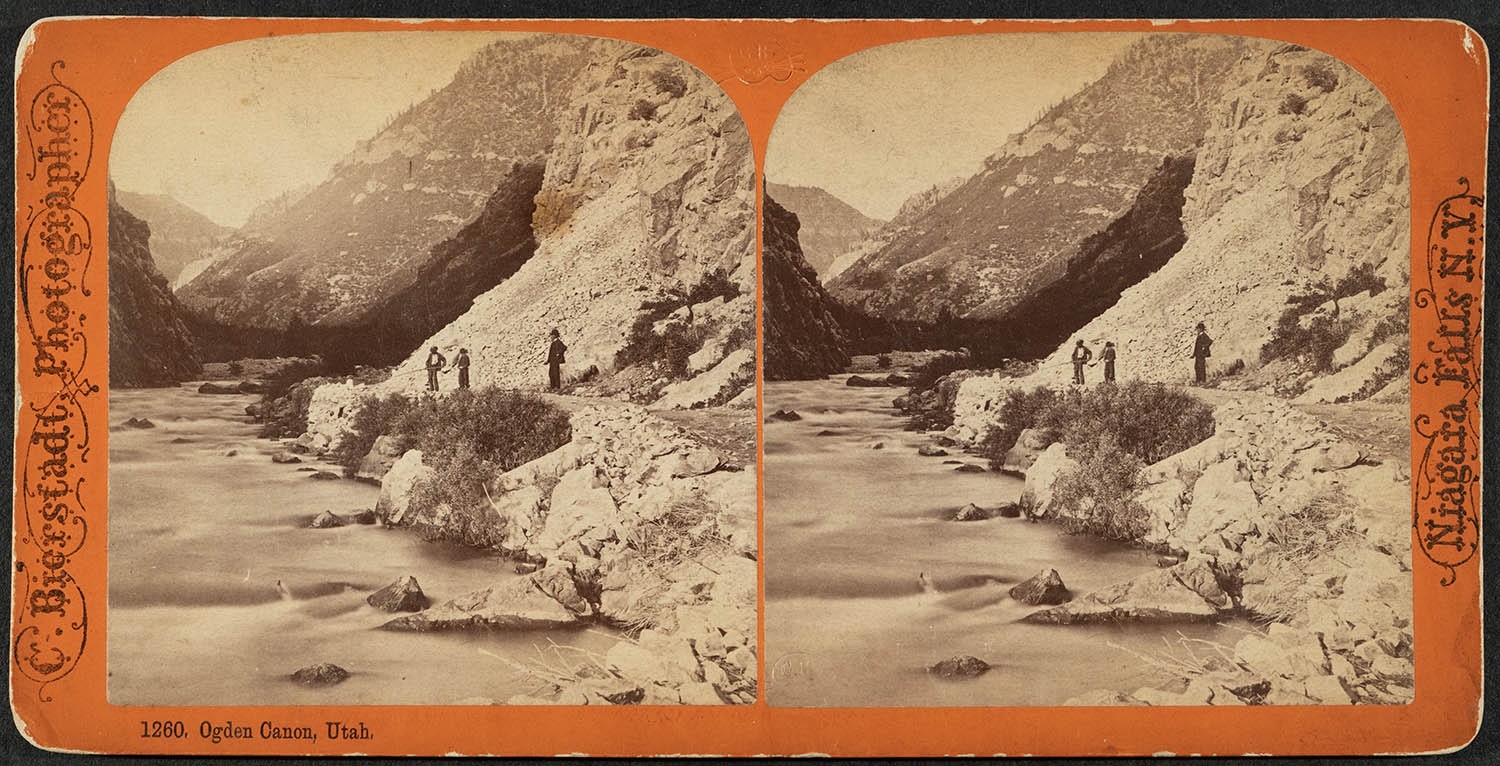 Bierstadt 3 men in Ogden Canyon STEREOVIEW Bierstadt 3 men in Ogden Canyon STEREOVIEW