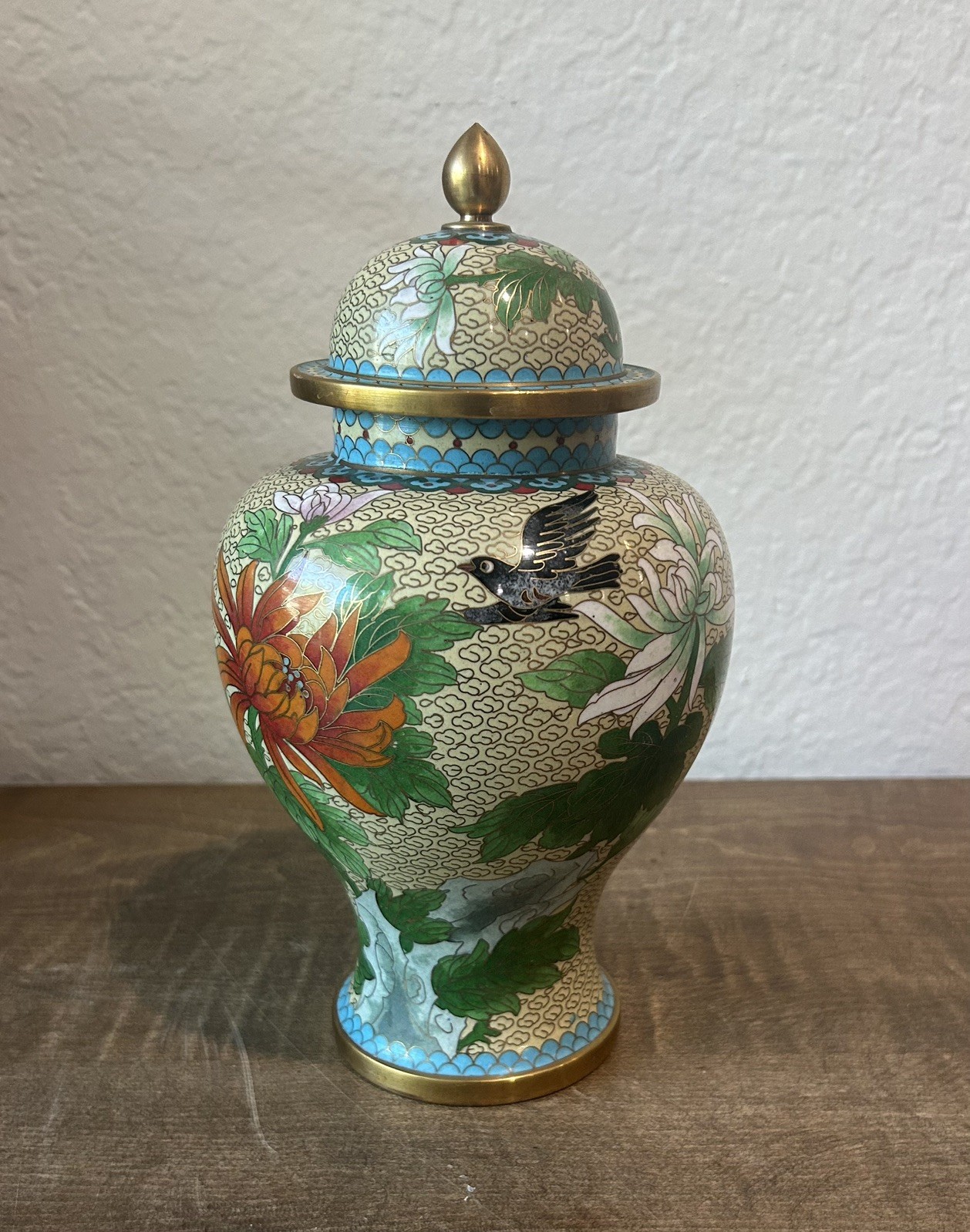 Vintage Chinese Cloisonné Lidded Ginger Jar Urn - Bird & Chrysanthemum, Enamel
