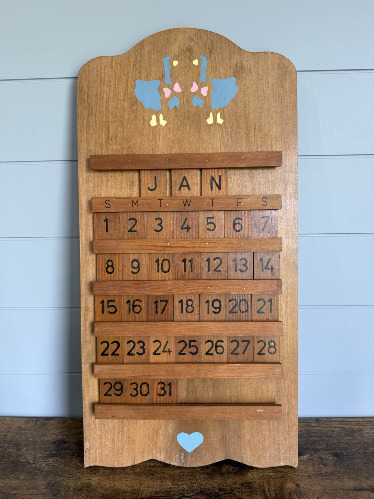 Vintage Wood Perpetual Wall Calendar 80s Handmade &Painted Goose  COMPLETE 22.5”