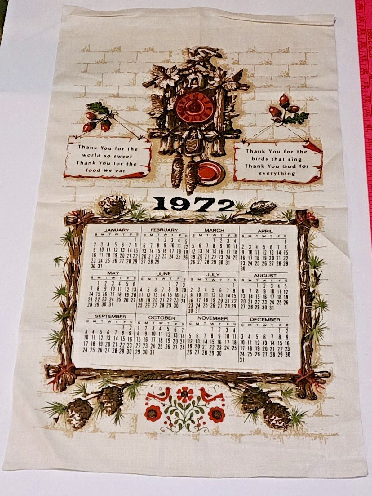1972 Tea Towel Cloth Calendar - Cuckoo Clock