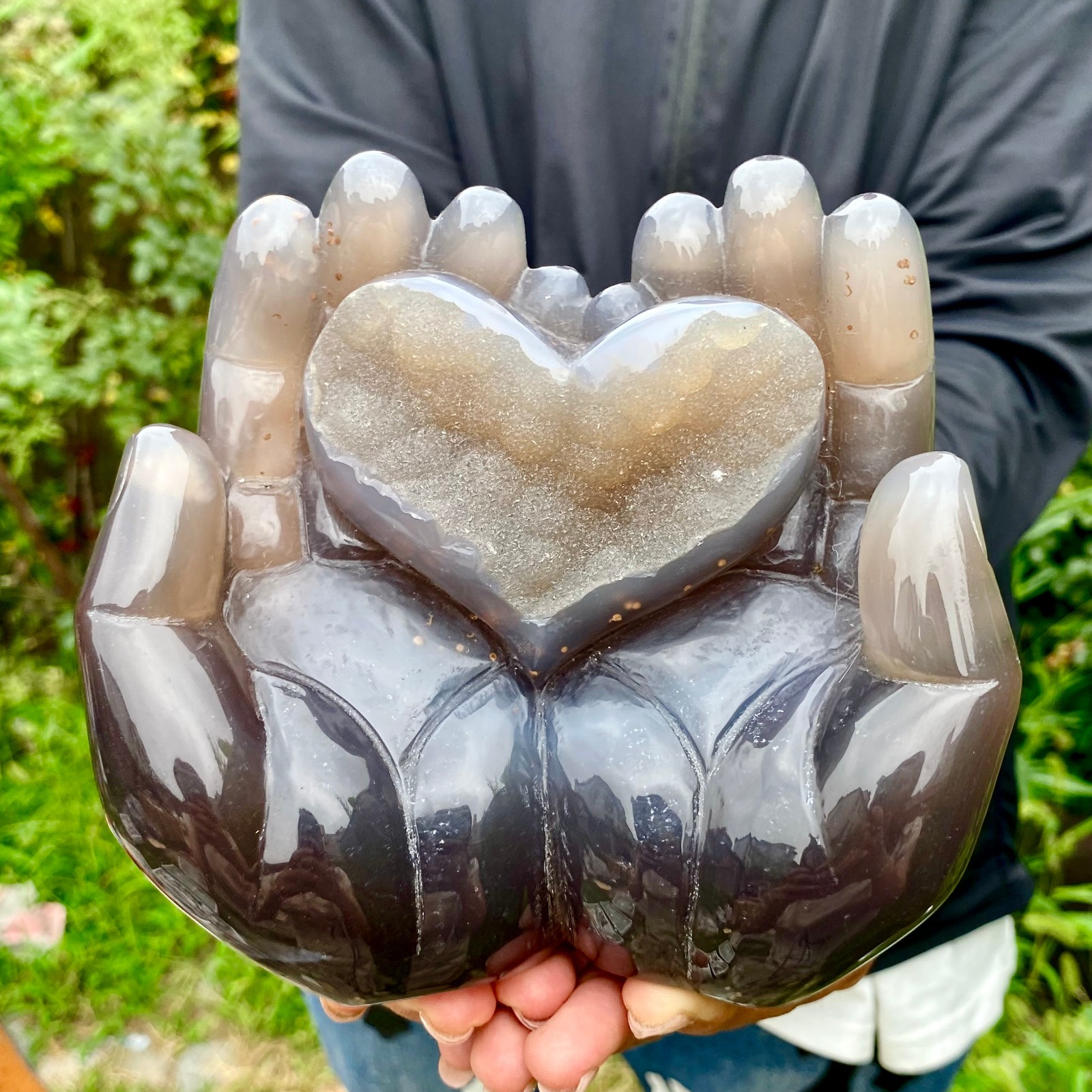 3.6LB  Natural Druzy Agate Hand Holding Heart Carving Geode Crystal Love Reik