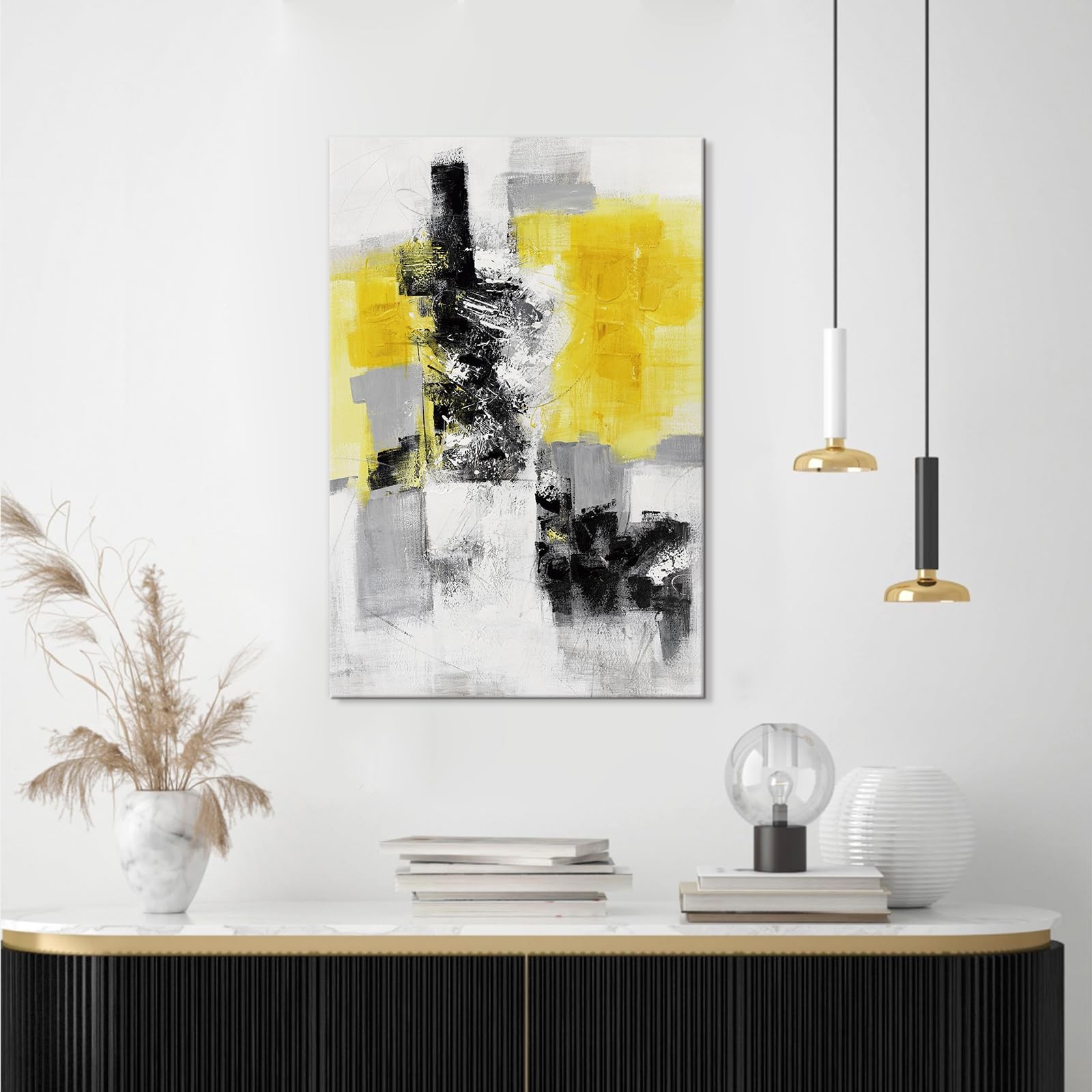 7Fisionart Gray and Yellow Abstract Canvas Wall Art 16\