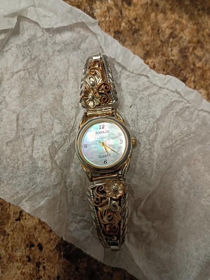 Vintage BJ Navajo Native American  Watch & Band Sterling Silver Mother Of Pear