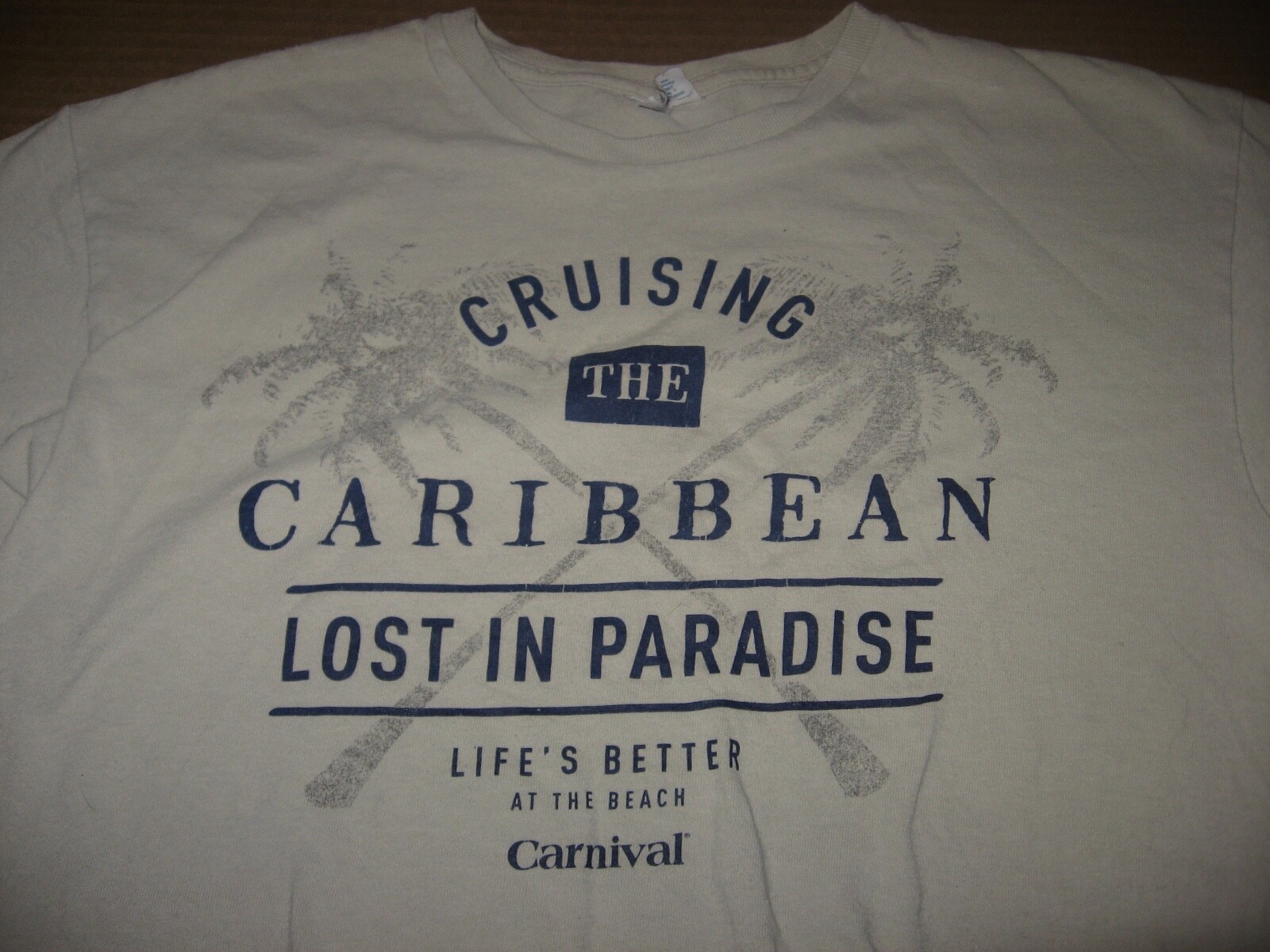 CARNIVAL CRUISE Line LARGE T-Shirt Tan CARIBBEAN Beach Lost Paradise