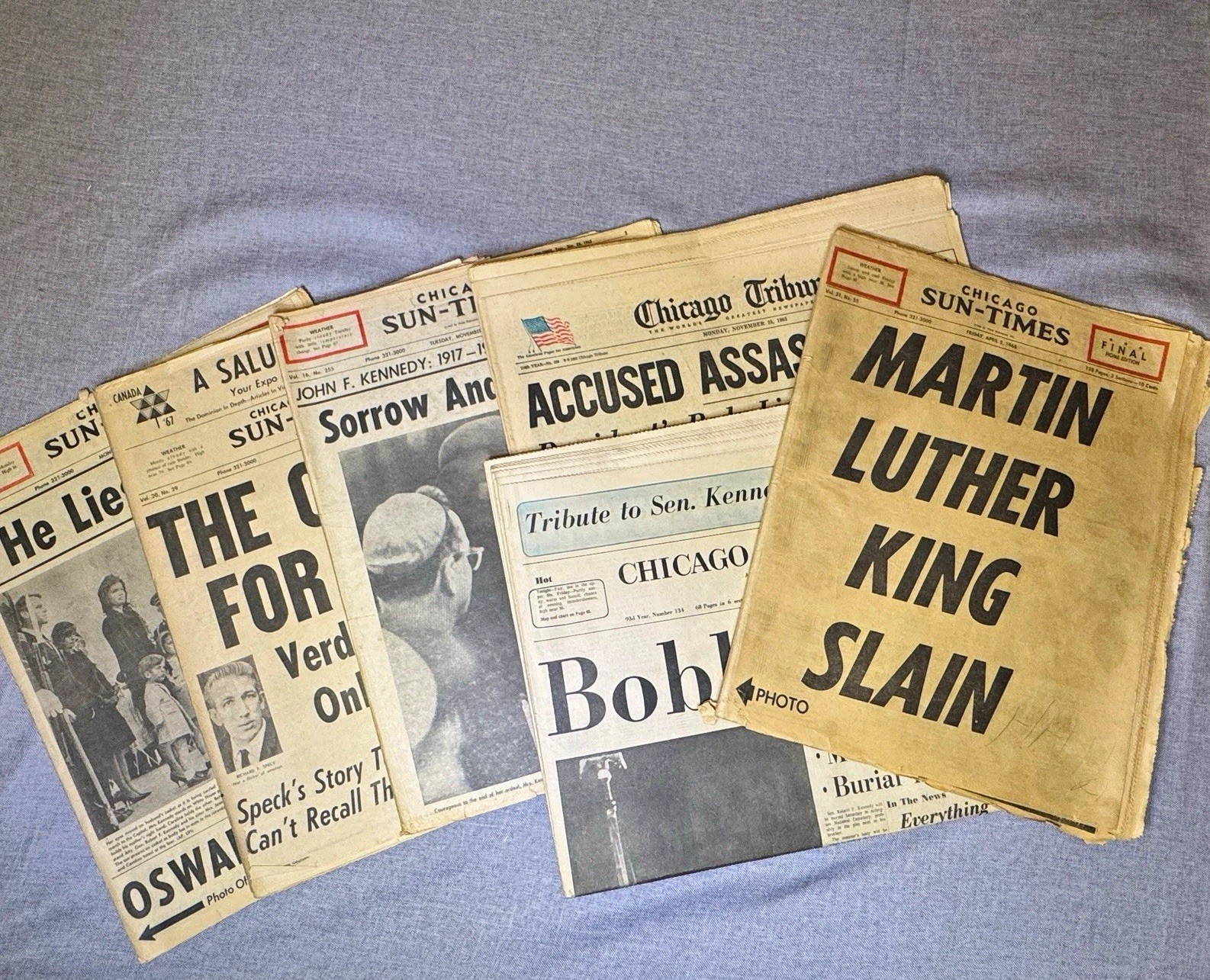 Orig Chicago Sun-Times Tribune Newspaper Lot JFK MLK RFK Oswald Speck 1963-1968