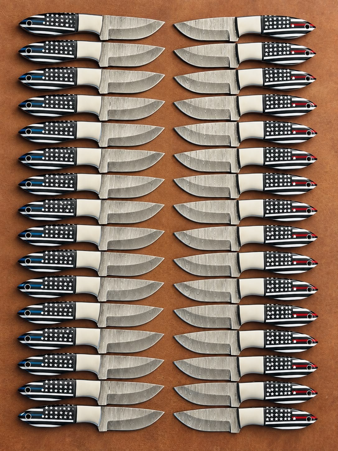Lot of 50 7'' Knives Damascus Steel USA Flag Handle With Steel Bolster / Sheath