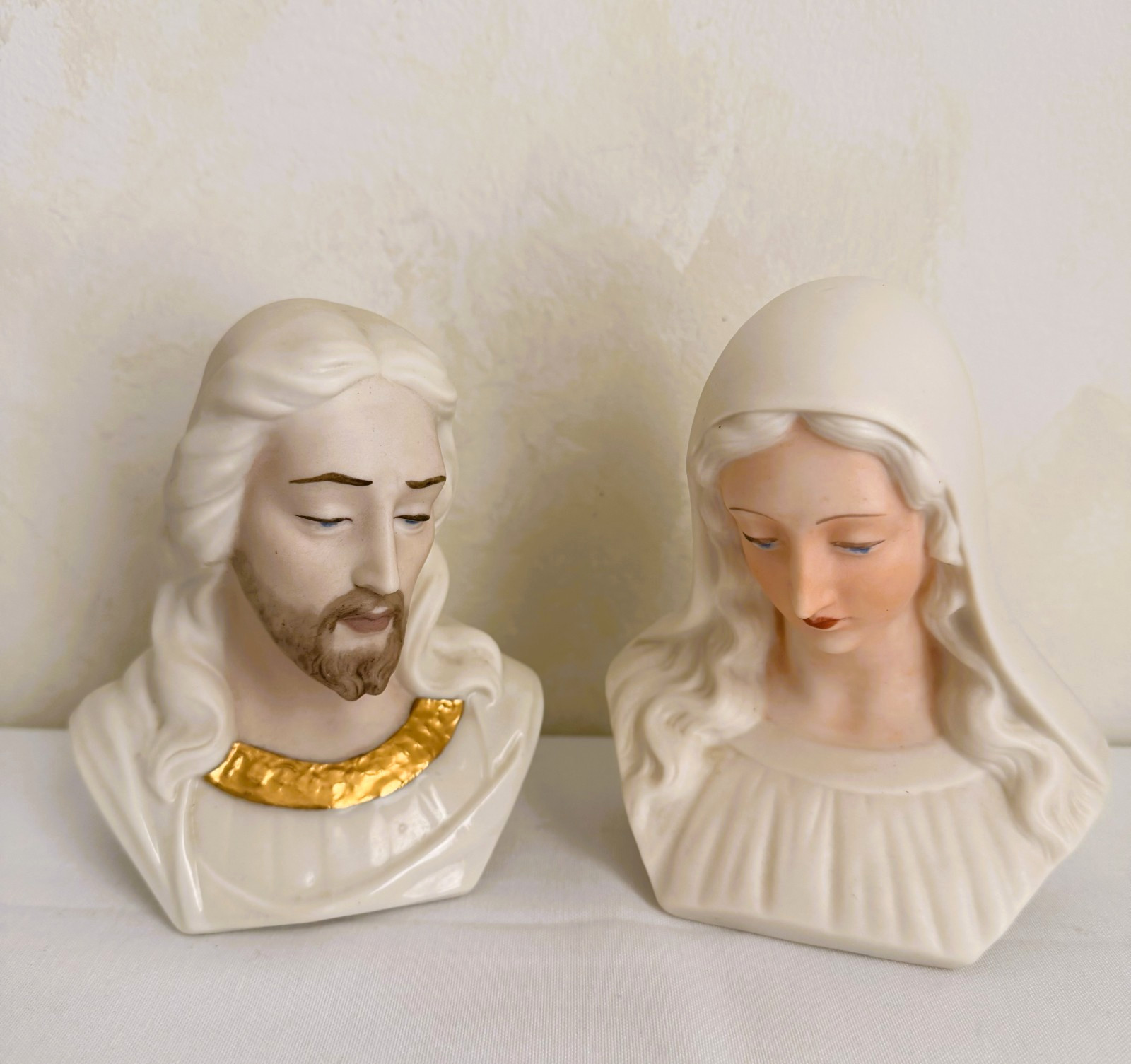 Vintage Pair American Beleek Porcelain Busts Jesus Mary Hand Painted Religious