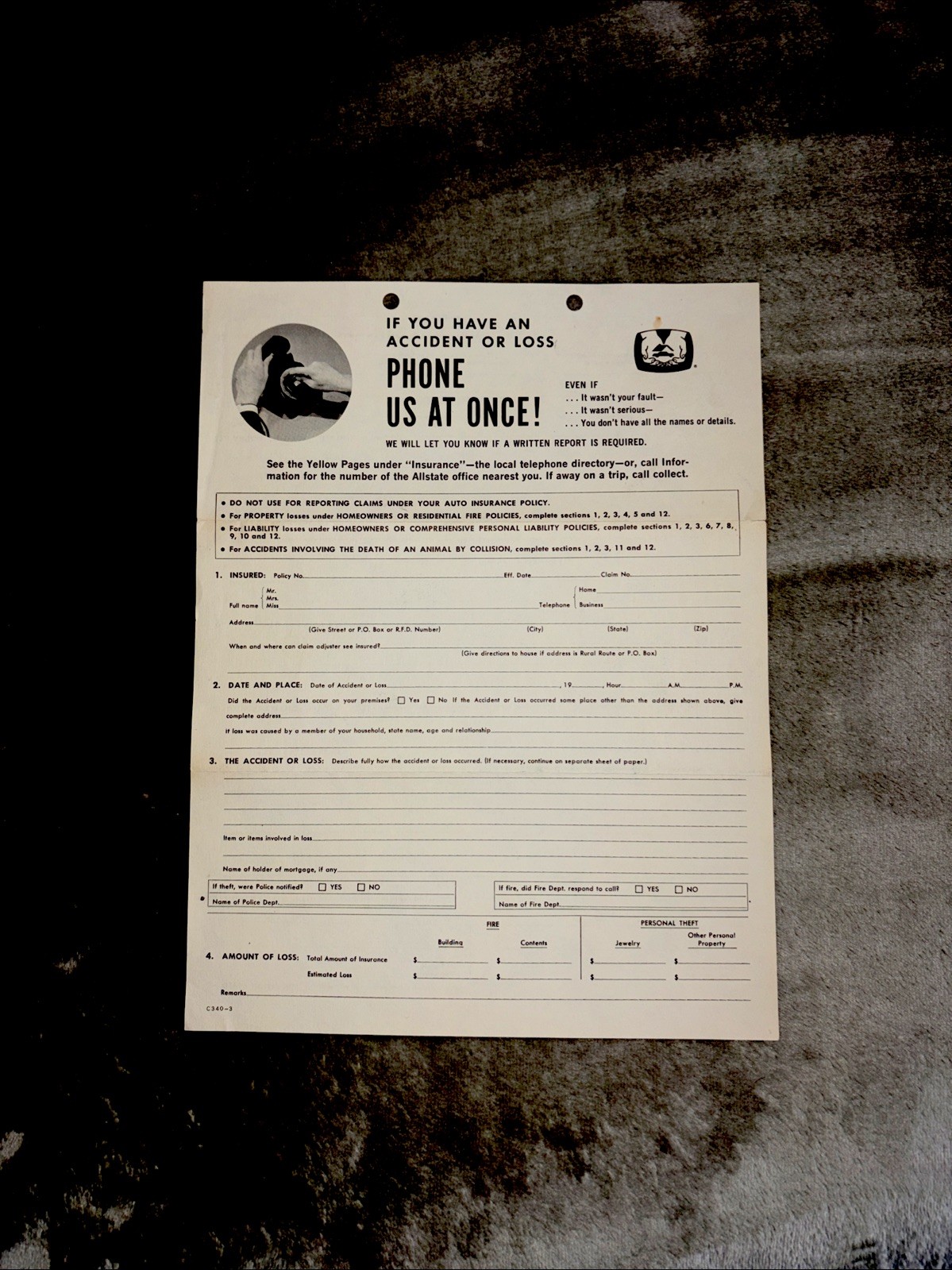 Allstate Insurance Vintage Accident Form Circa 1950’s - 1960’s