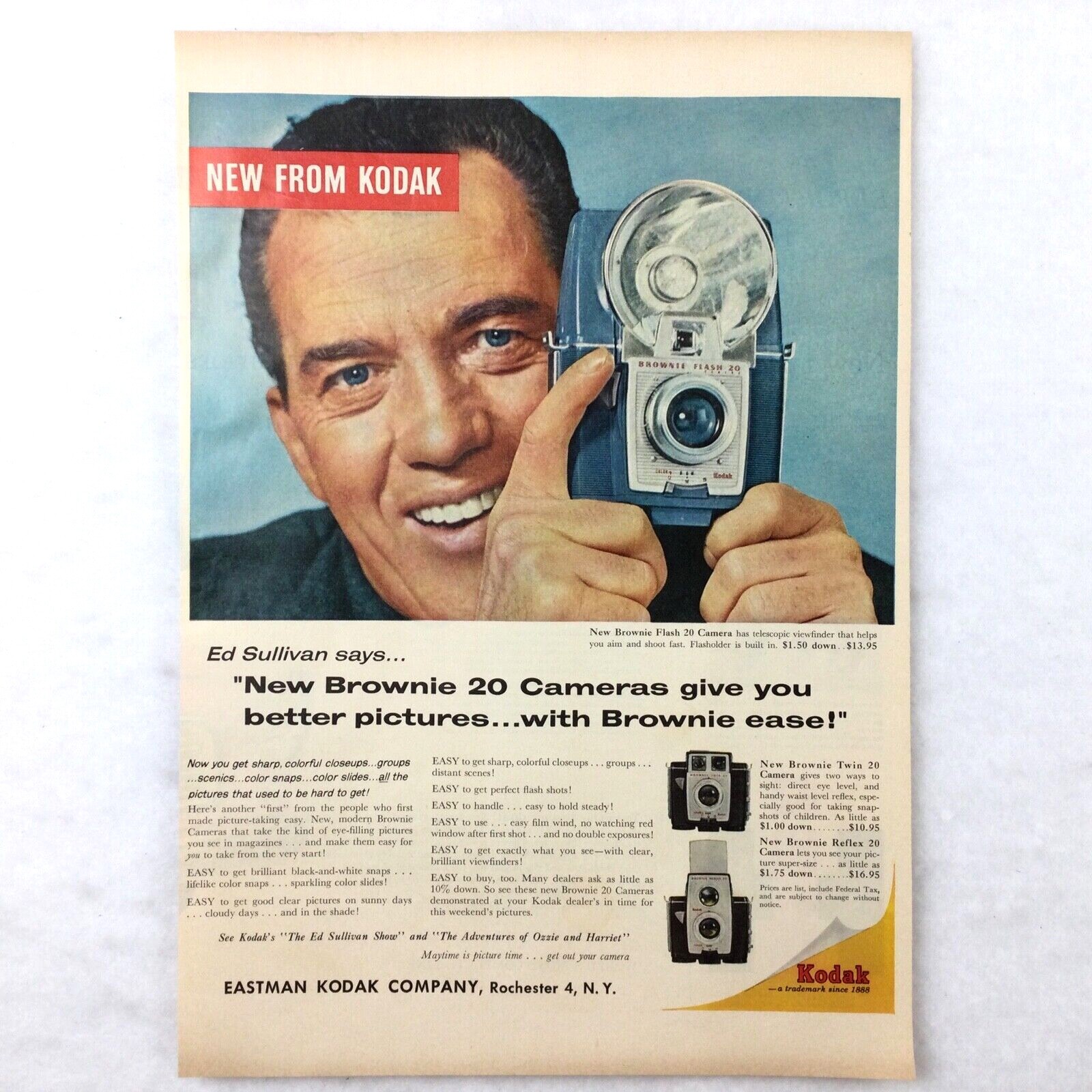 1959 KODAK Camera Original Vintage Print Ad - Ed Sullivan Brownie 20 Flash 