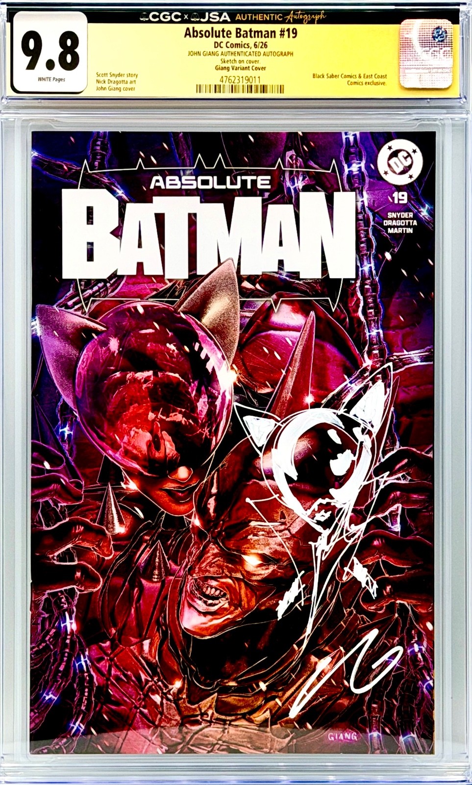 Absolute Batman 19 CGC 9.8 JSA John Giang Signed Catwoman Remark Sketch