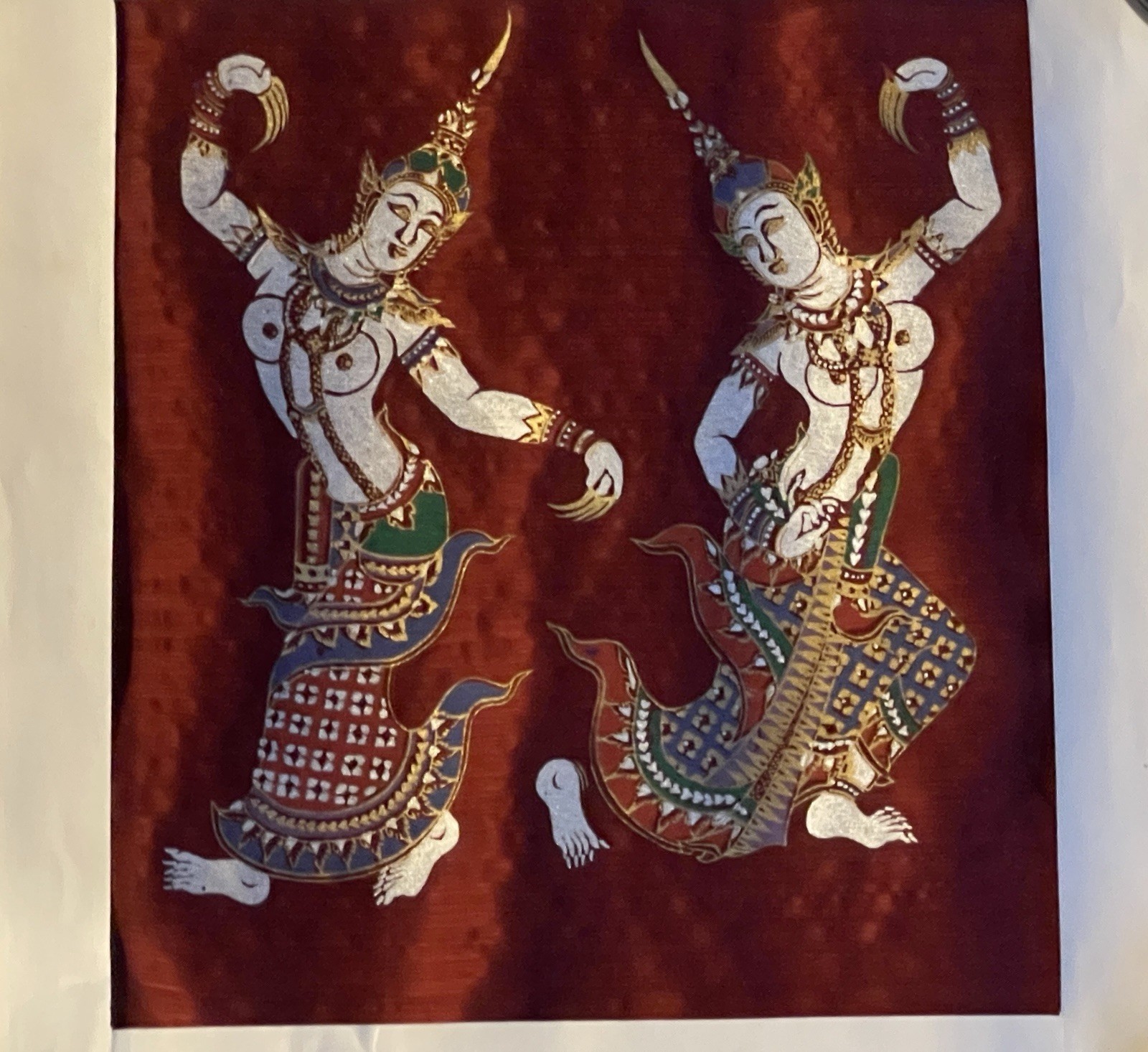 Thai Women Vintage Art Red Silkscreen Thailand Textile Fabric Wall Decor