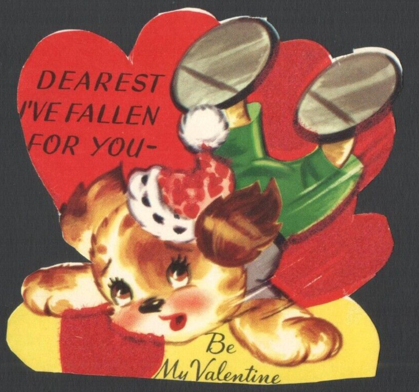 Vintage Flocked Valentine\'s Day Card Cute Puppy Dog DEAREST I\'ve FALLEN for YOU