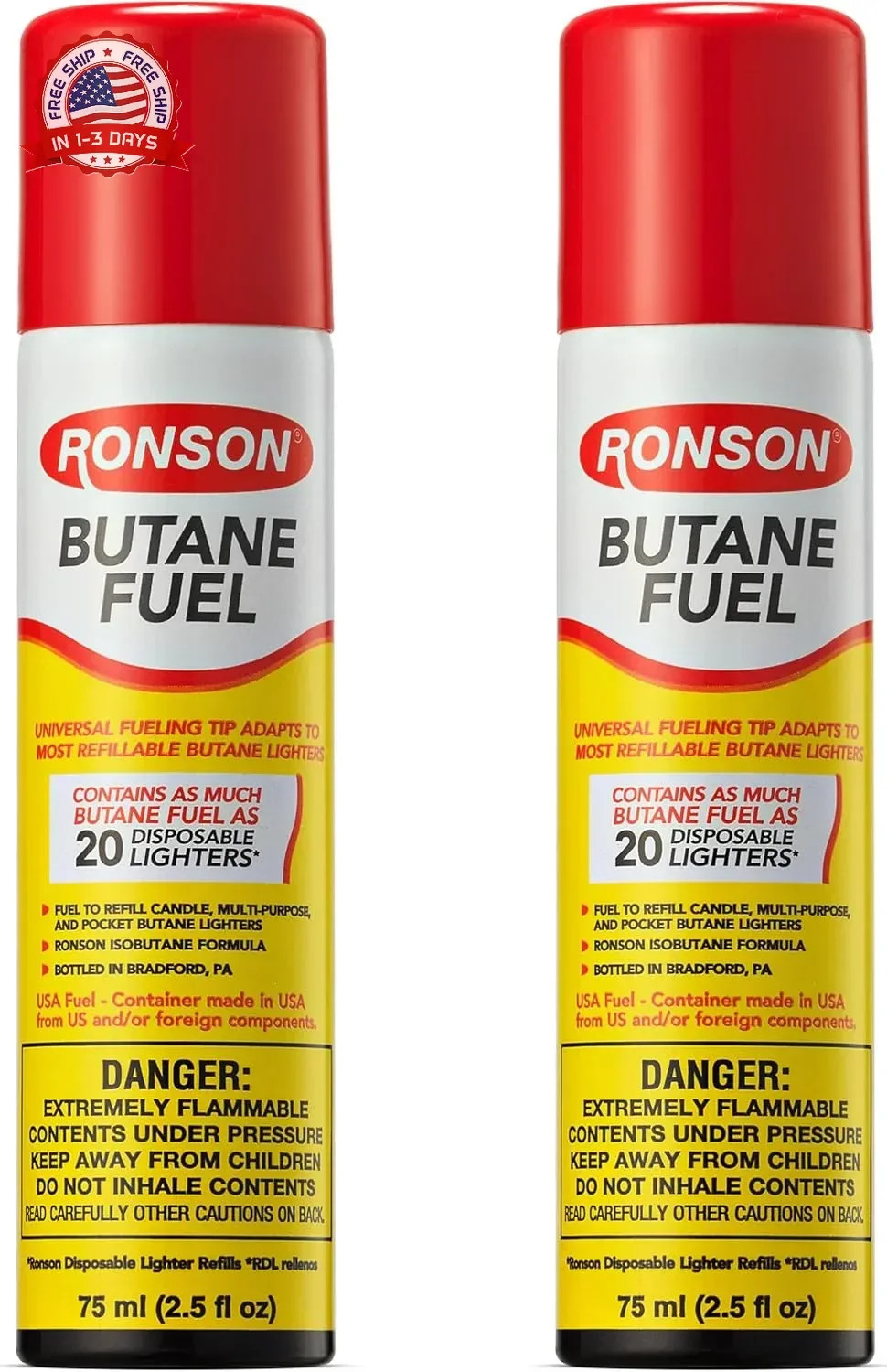 Butane Fuel Refill 75ml - Pack of 2 - Universal Lighter Fluid Refill for
