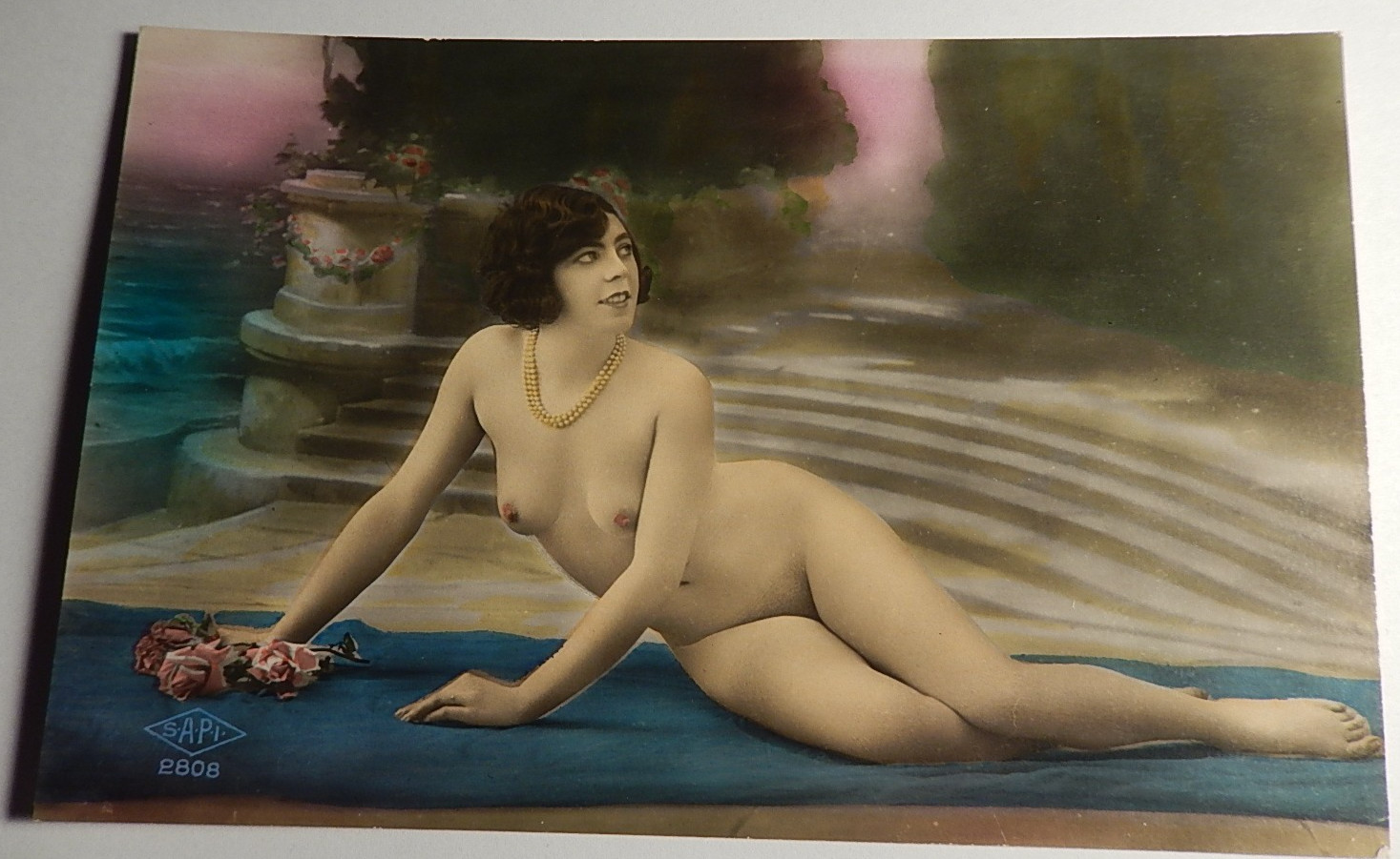 Vintage 1920\'s French Risque Nude Woman Breast Color Tinted Postcard SAPI G5