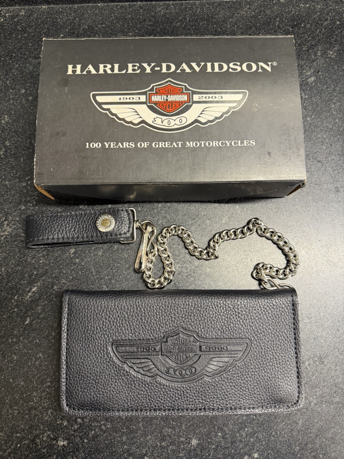 Harley-Davidson 100th Anniversary 2003 Leather Biker Chain Wallet NOS Gift Box