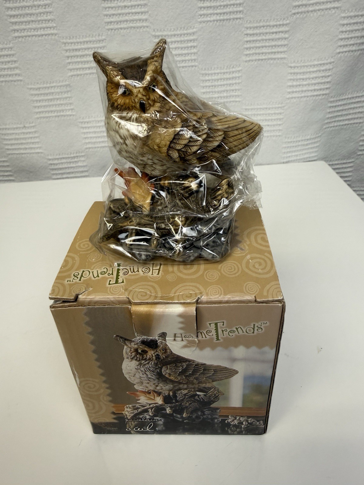 Porcleain hand painted owl on a log figure 3.5\