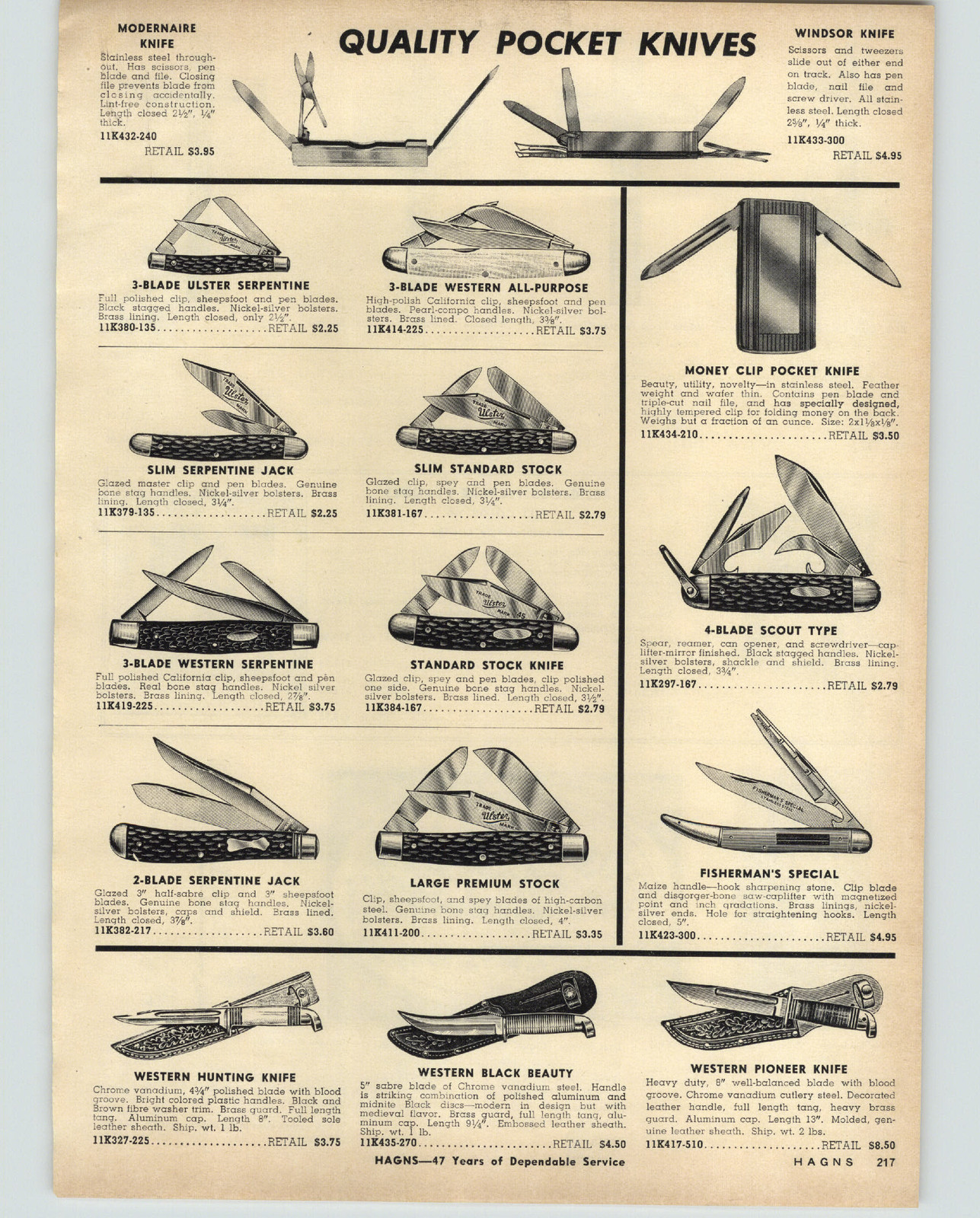 1958 PAPER AD Western Hunting Knife Nkives Leather Sheath Pioneer Black Beauty