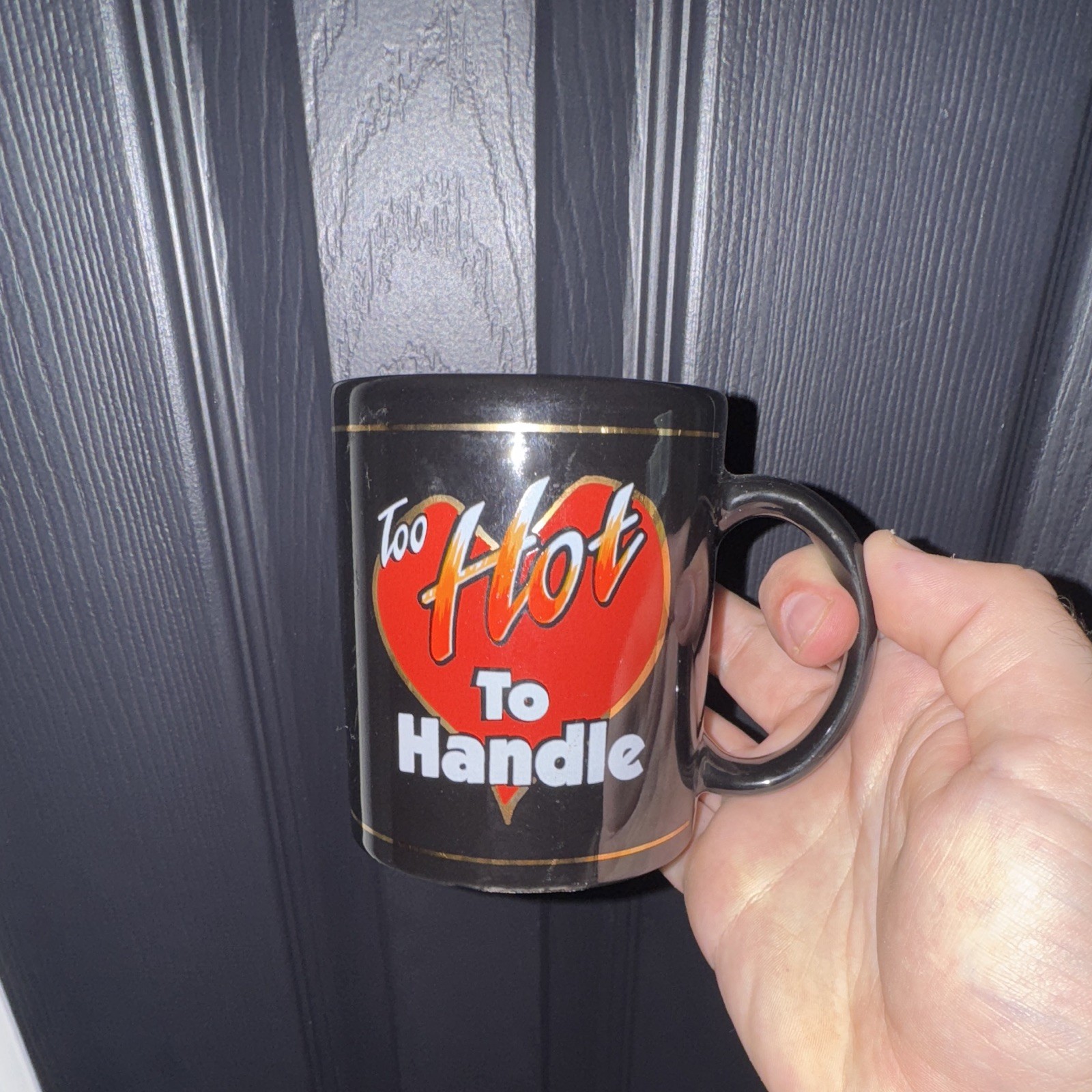 Vintage 1997 Too Hot To Handle Coffee Mug Black Red Heart Novelty JII Collectibl