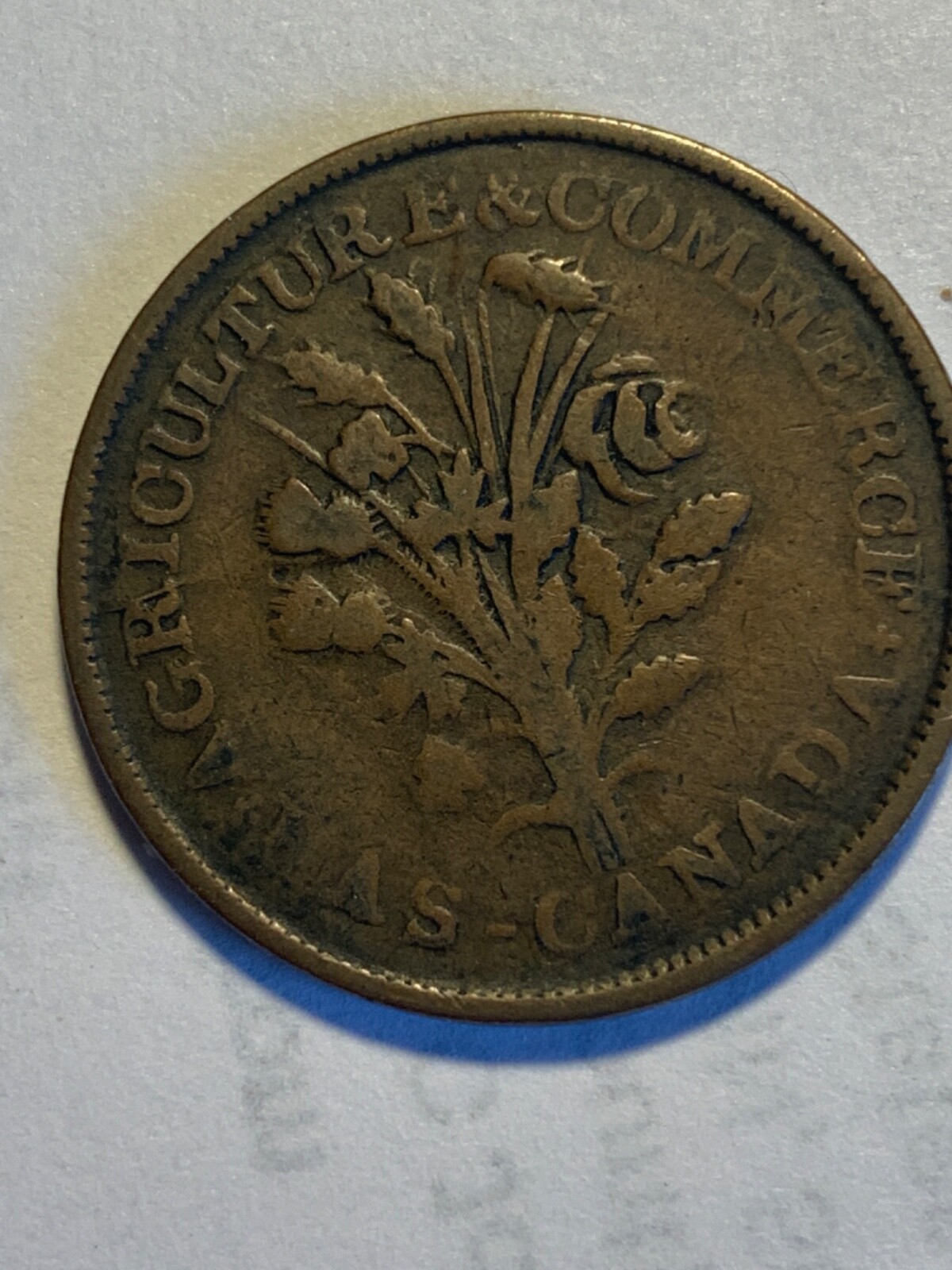 Montreal Canada Bouquet1830s Agriculture & Commerce 1 Sou Trade Token Coin