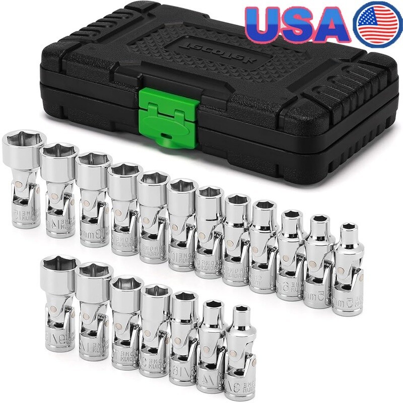 19PC Universal Joint Socket Set 1/4 Drive Swivel 6-Point Metric SAE CR-V Tool US