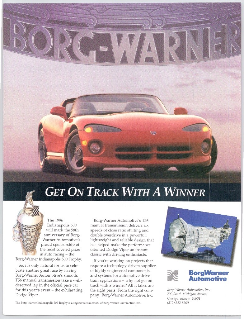 Dodge Viper RT/10 Red Borg Warner T56 Indianapolis 500 Chicago IL 1996 Print Ad