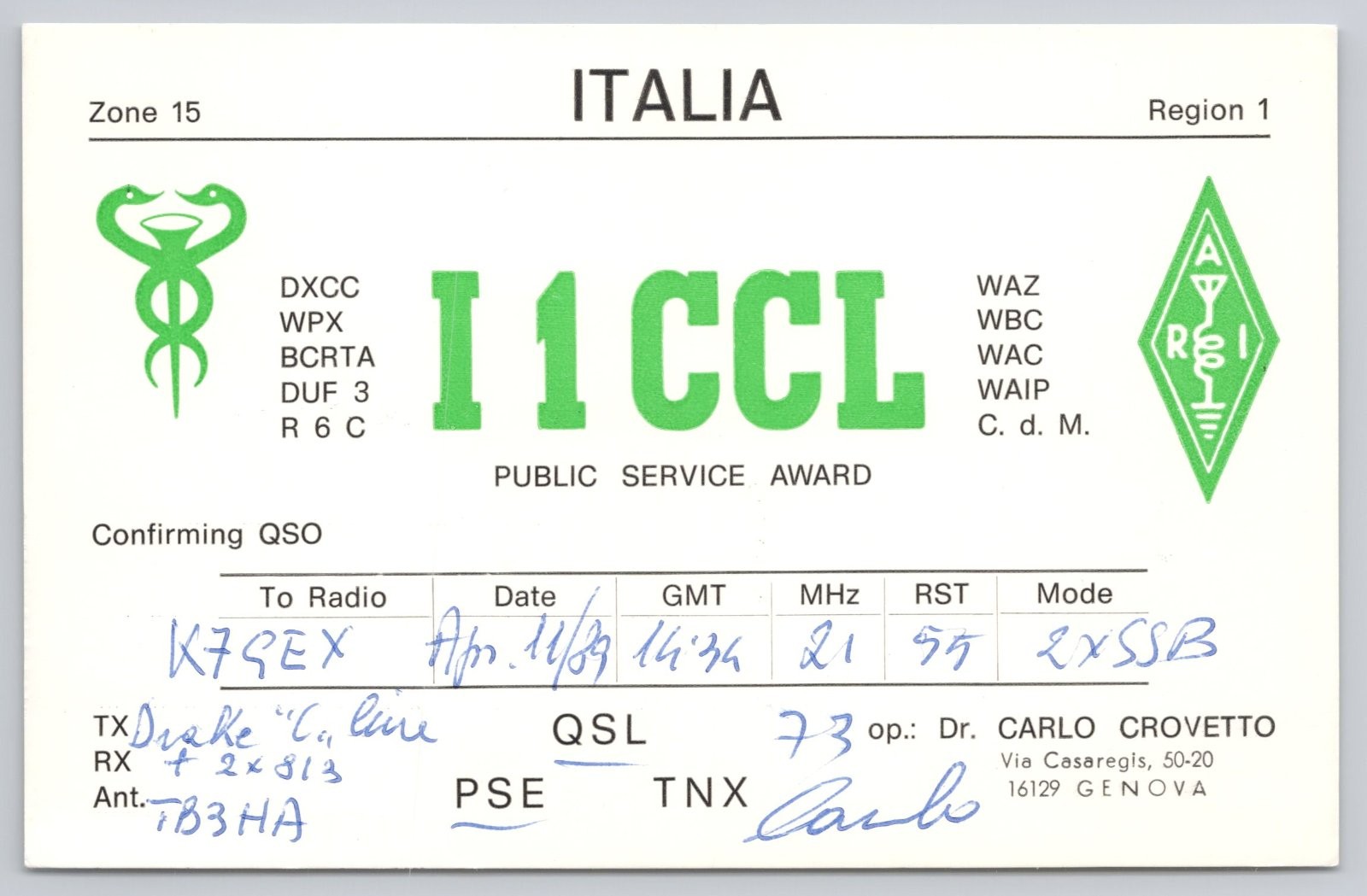 QSL Card I1CCL Dr Carlo Crovetto Amateur Radio Italy Genova Postcard