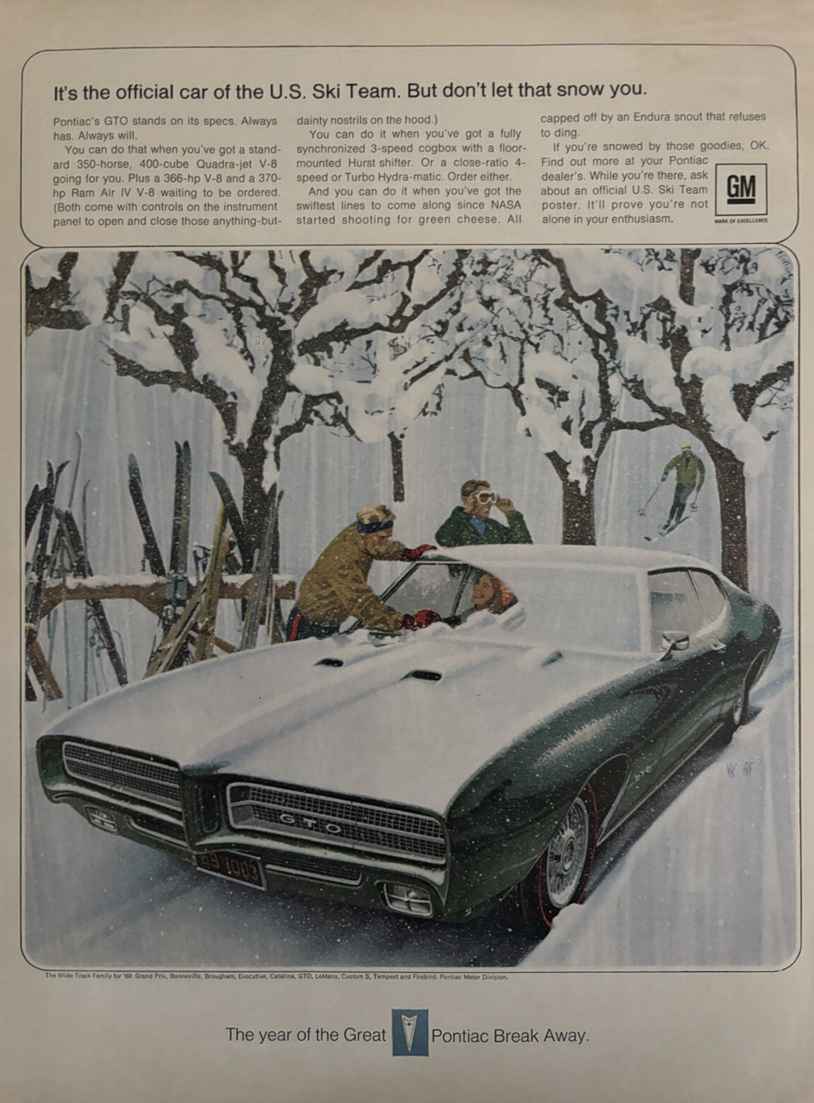 1969 Pontiac GTO Automobile US Ski team Break Away Snow 350 HP Vintage Print Ad