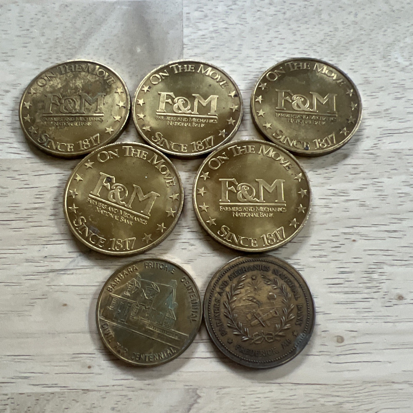 VTG Set Of 7 Farmers and Mechanics National Bank Medal F&M Bank Tokens