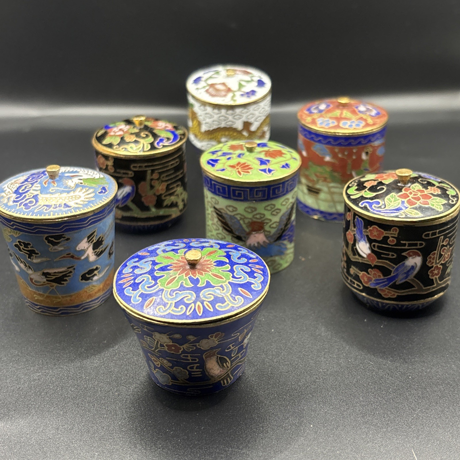 Vintage Chinese Cloisonné Enamel And Brass Covered Trinket Boxes dragons, birds,