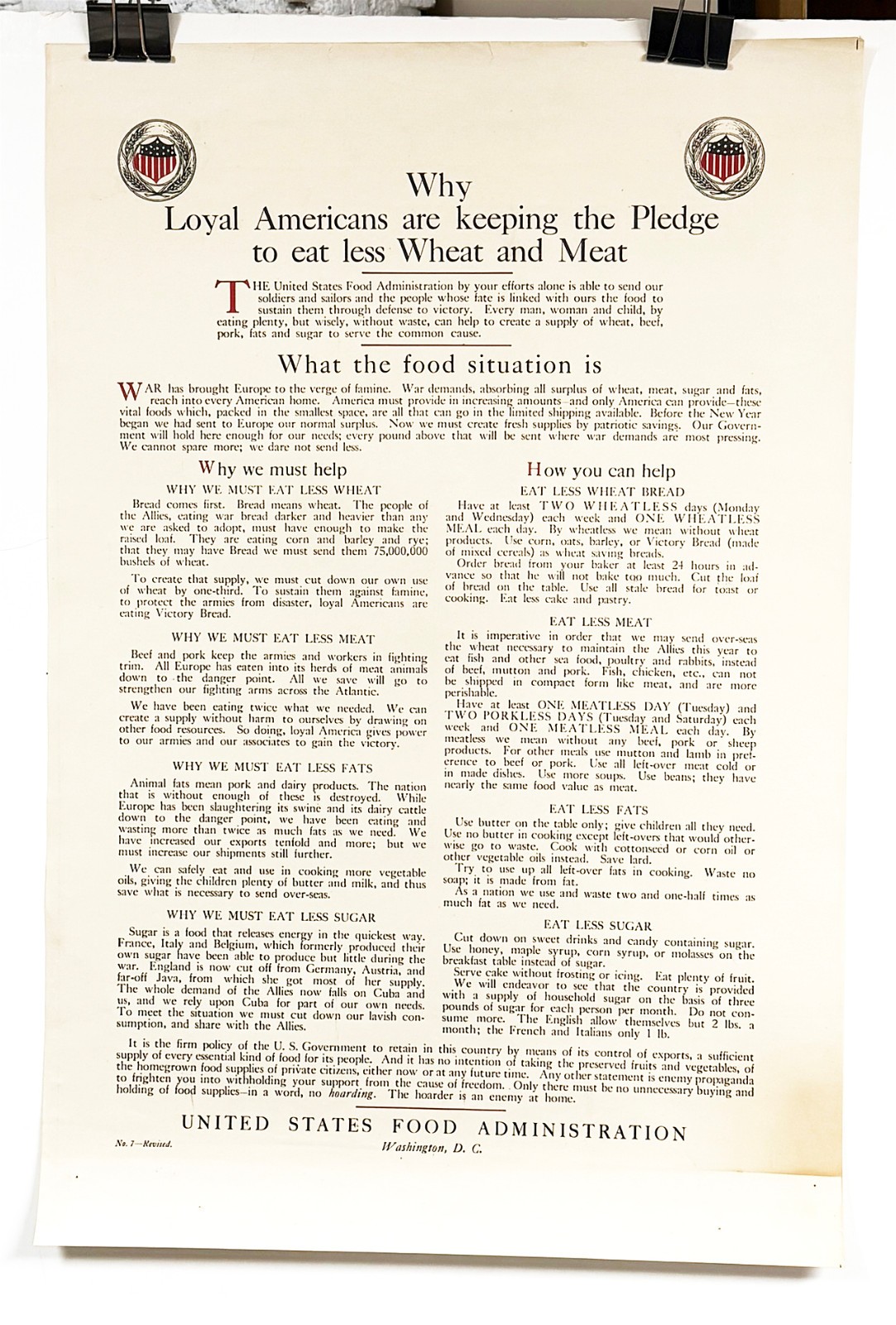 Original 1918 US WWI Food Administration poster Eat Less Beef and Wheat