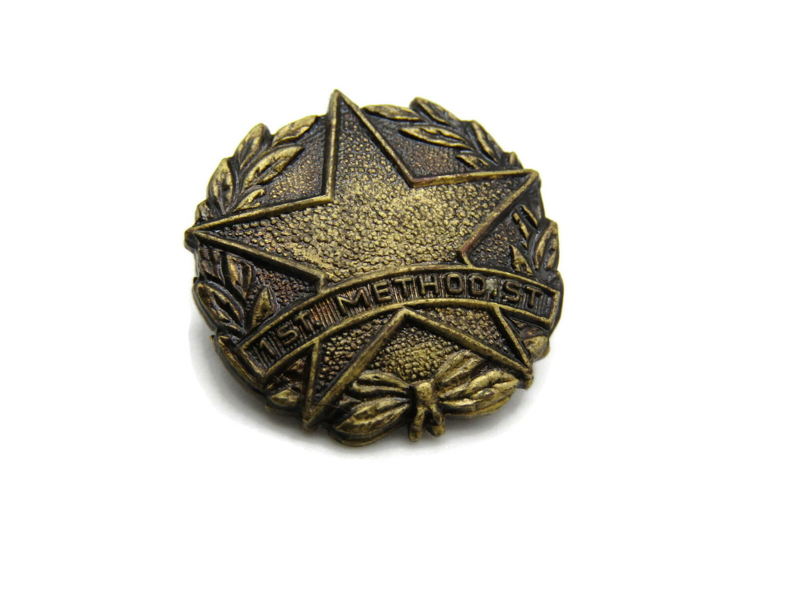 Vintage 1st Methodist Church Pin Badge Gold Tone Star in Wreath Christian Award