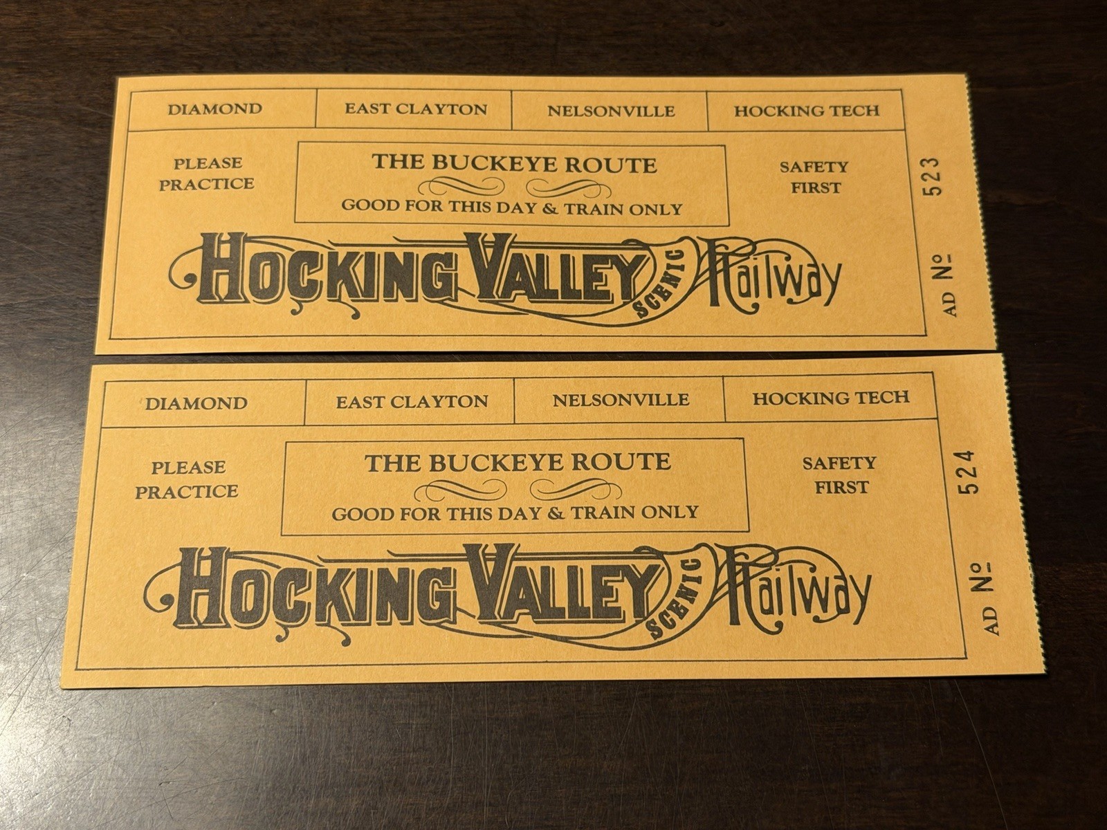 Vintage Hocking Valley Scenic Railway Tickets Consecutive Pair Buckeye Route OH 