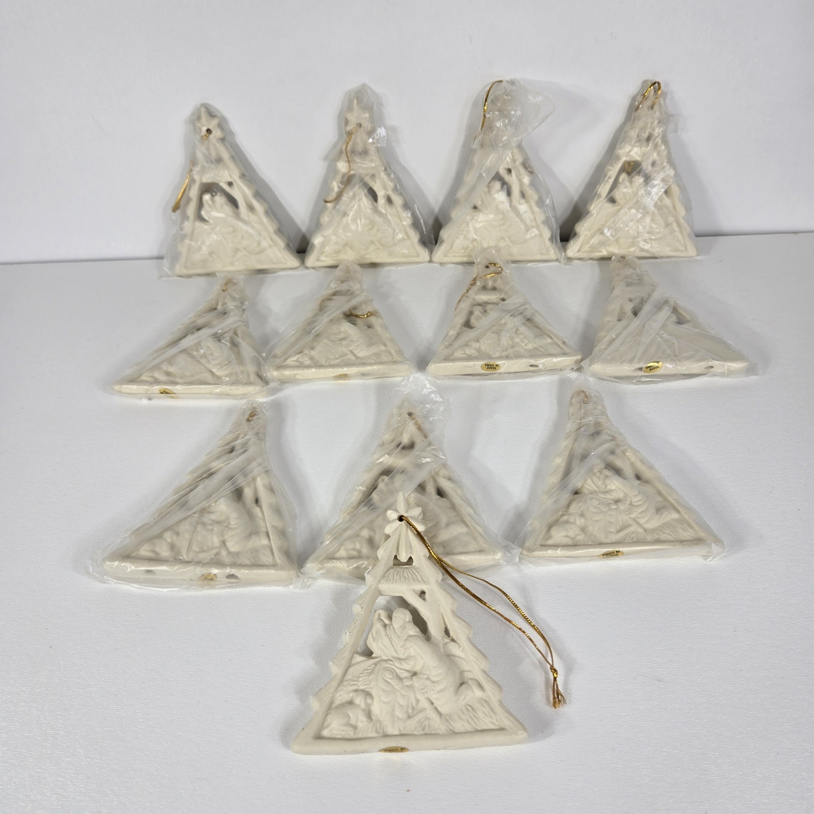 Vtg Bisque Ceramic Hanging Christmas Tree Ornament Nativity Scene New Set Of 12 Vtg Bisque Ceramic Hanging Christmas Tree Ornament Nativity Scene New Set Of 12
