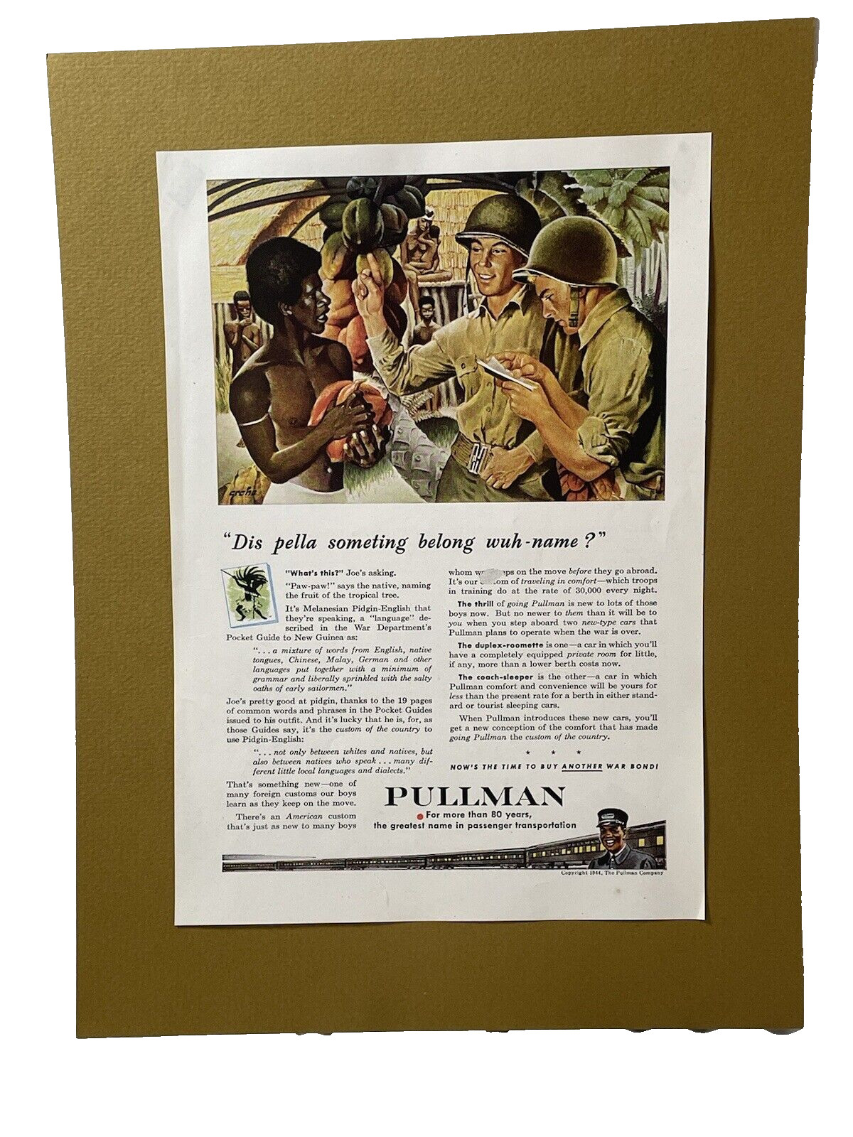 1944 WWII Pullman Print Ad Soldier Dis Pella War Bonds Train Railroad Paw Paw
