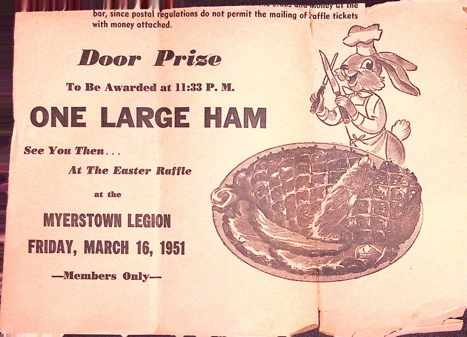 Myerstown Legion Easter Raffle Flyer 1951 Door Prize One Large Ham PA Vintage Myerstown Legion Easter Raffle Flyer 1951 Door Prize One Large Ham PA Vintage